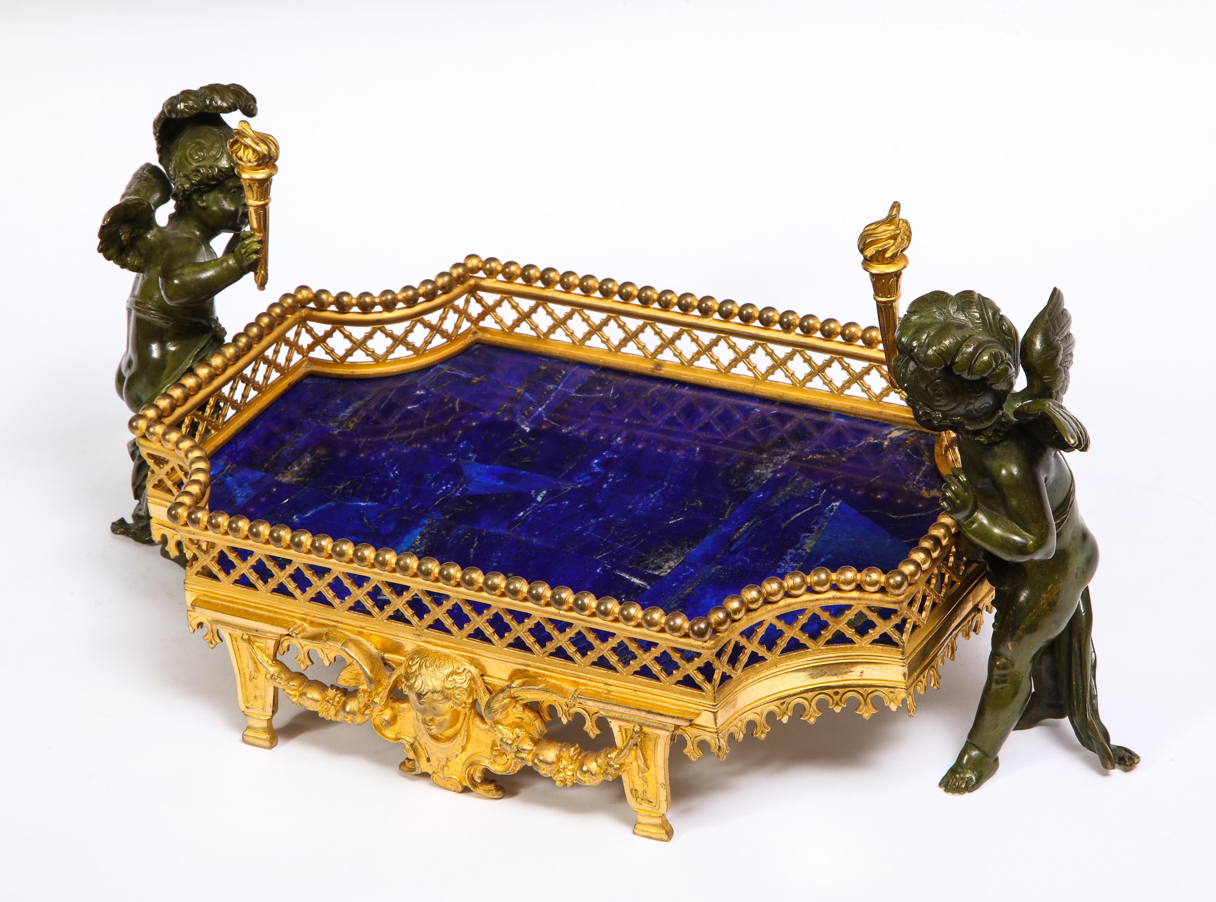 French Unusual Dore Bronze, Lapis Lazuli, & Patinated Bronze Cupid Centerpiece