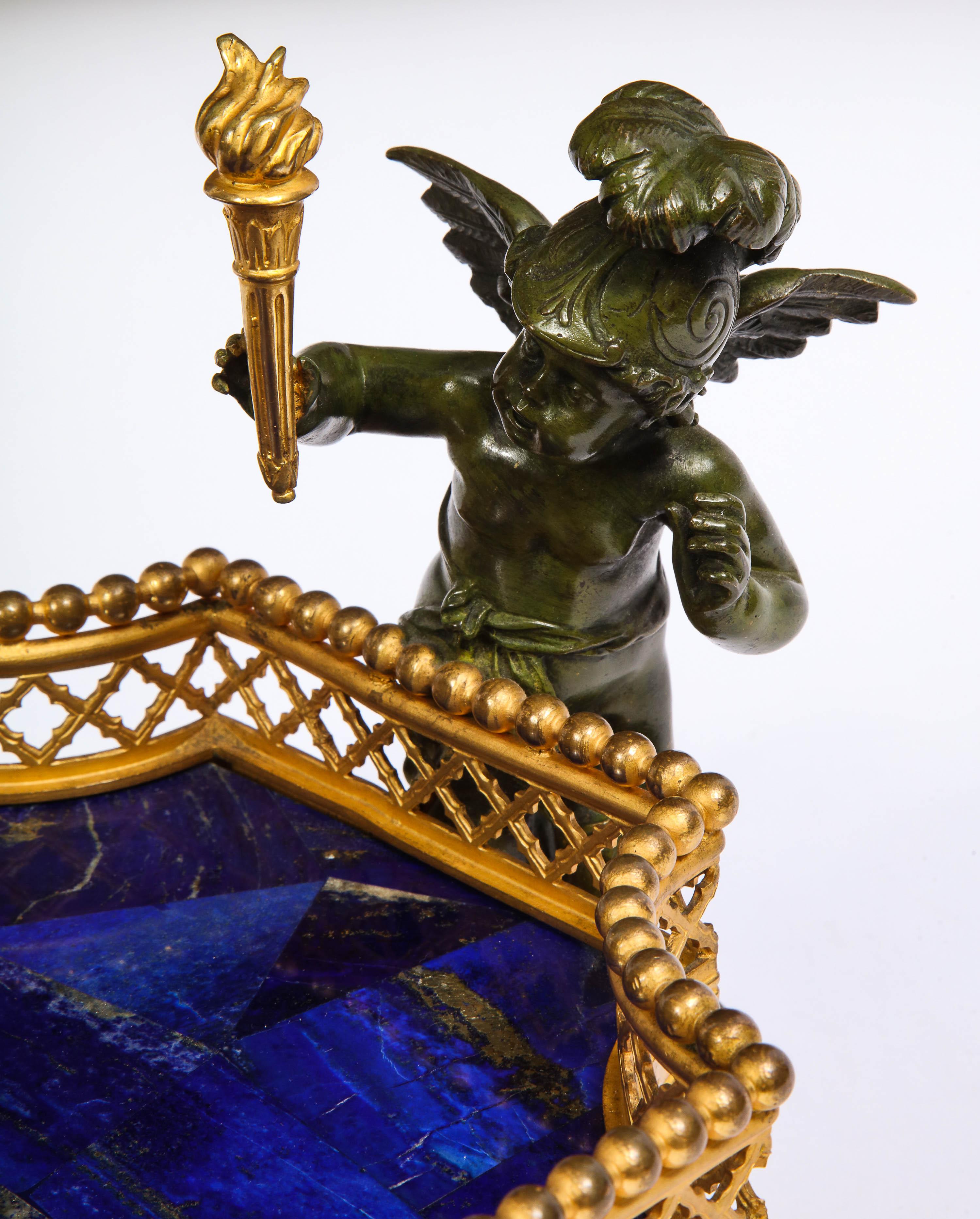Unusual Dore Bronze, Lapis Lazuli, & Patinated Bronze Cupid Centerpiece In Excellent Condition In New York, NY