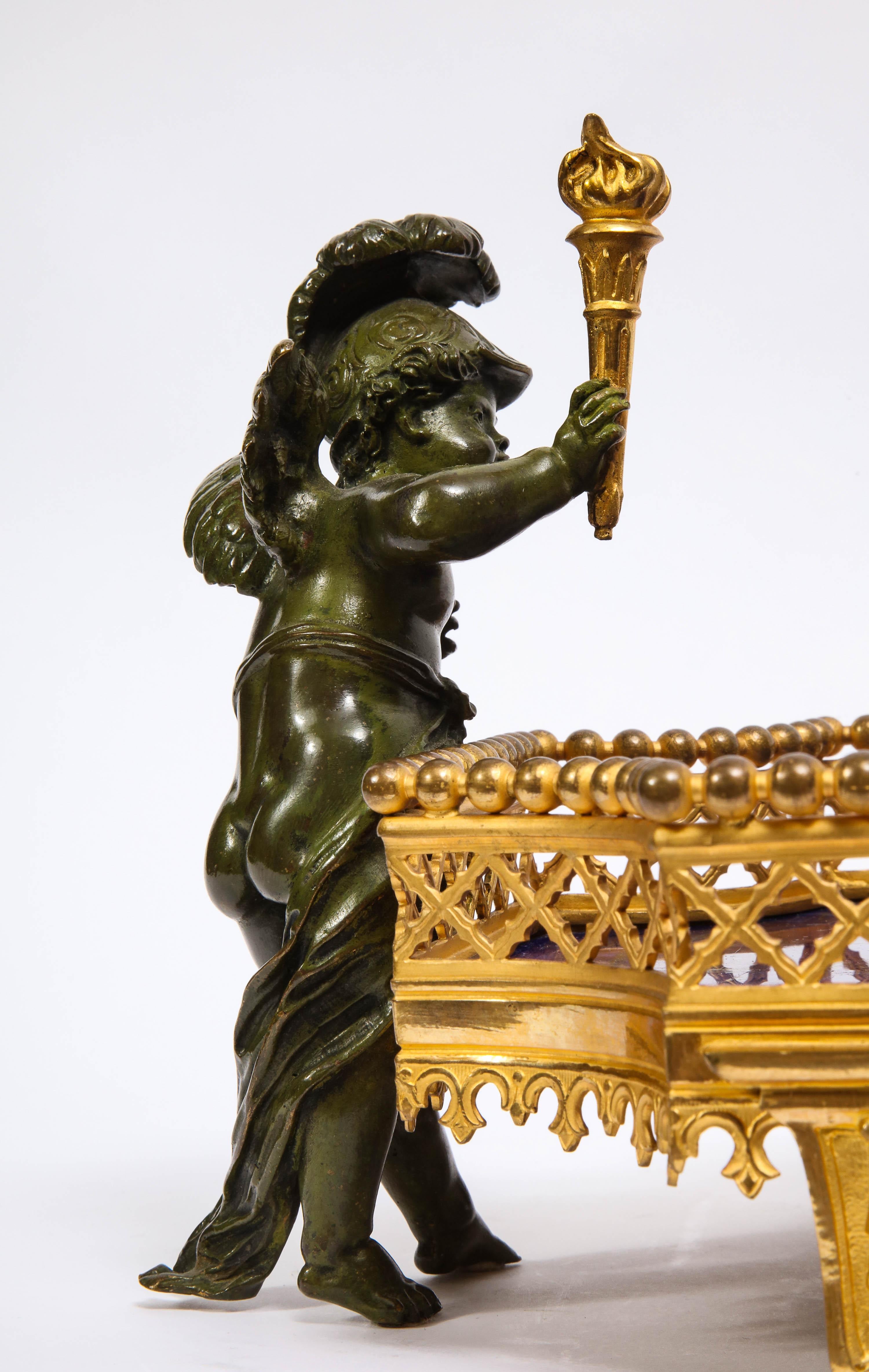 Mid-19th Century Unusual Dore Bronze, Lapis Lazuli, & Patinated Bronze Cupid Centerpiece