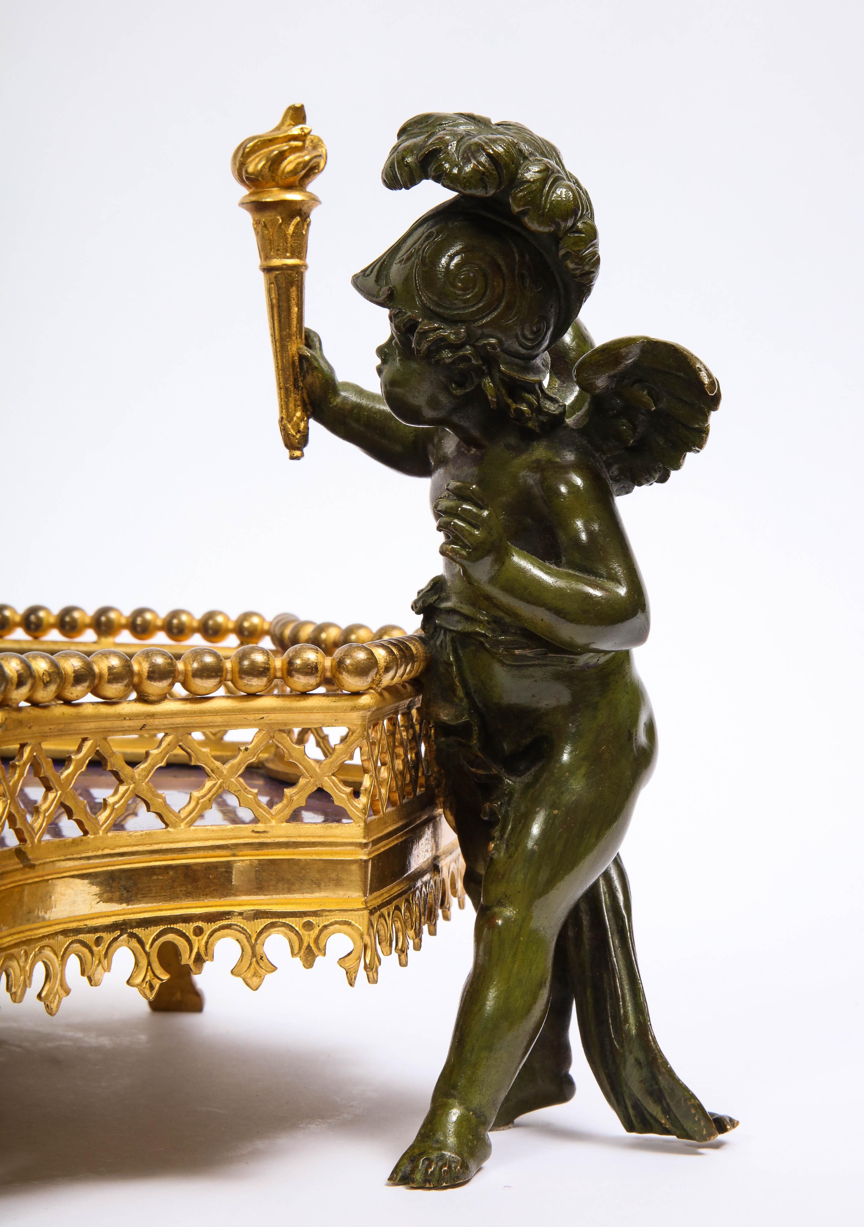 Unusual Dore Bronze, Lapis Lazuli, & Patinated Bronze Cupid Centerpiece 1