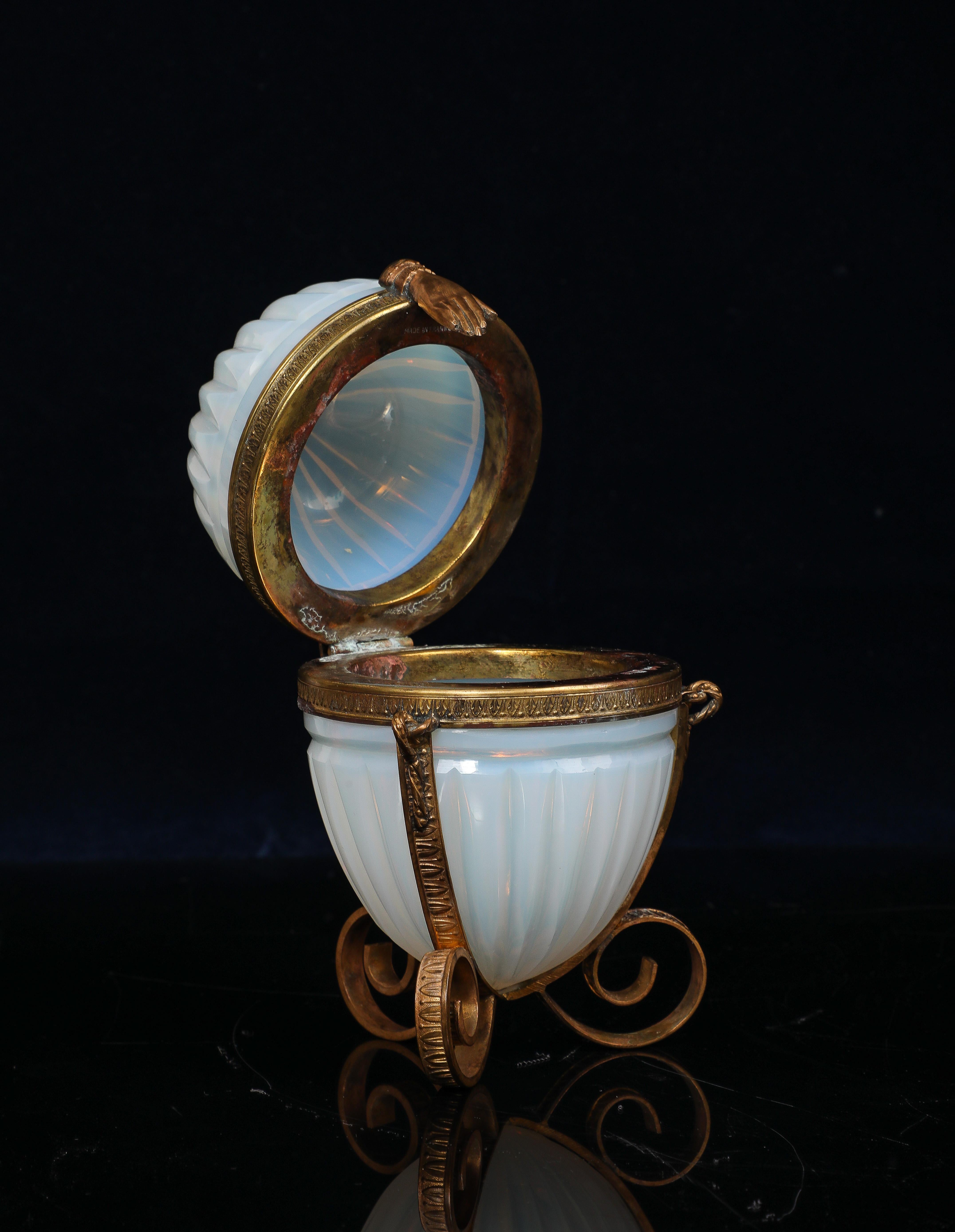 Late 19th Century An Unusual Dore Bronze Mounted French Baccarat Opaline Crystal Egg-Form Box For Sale