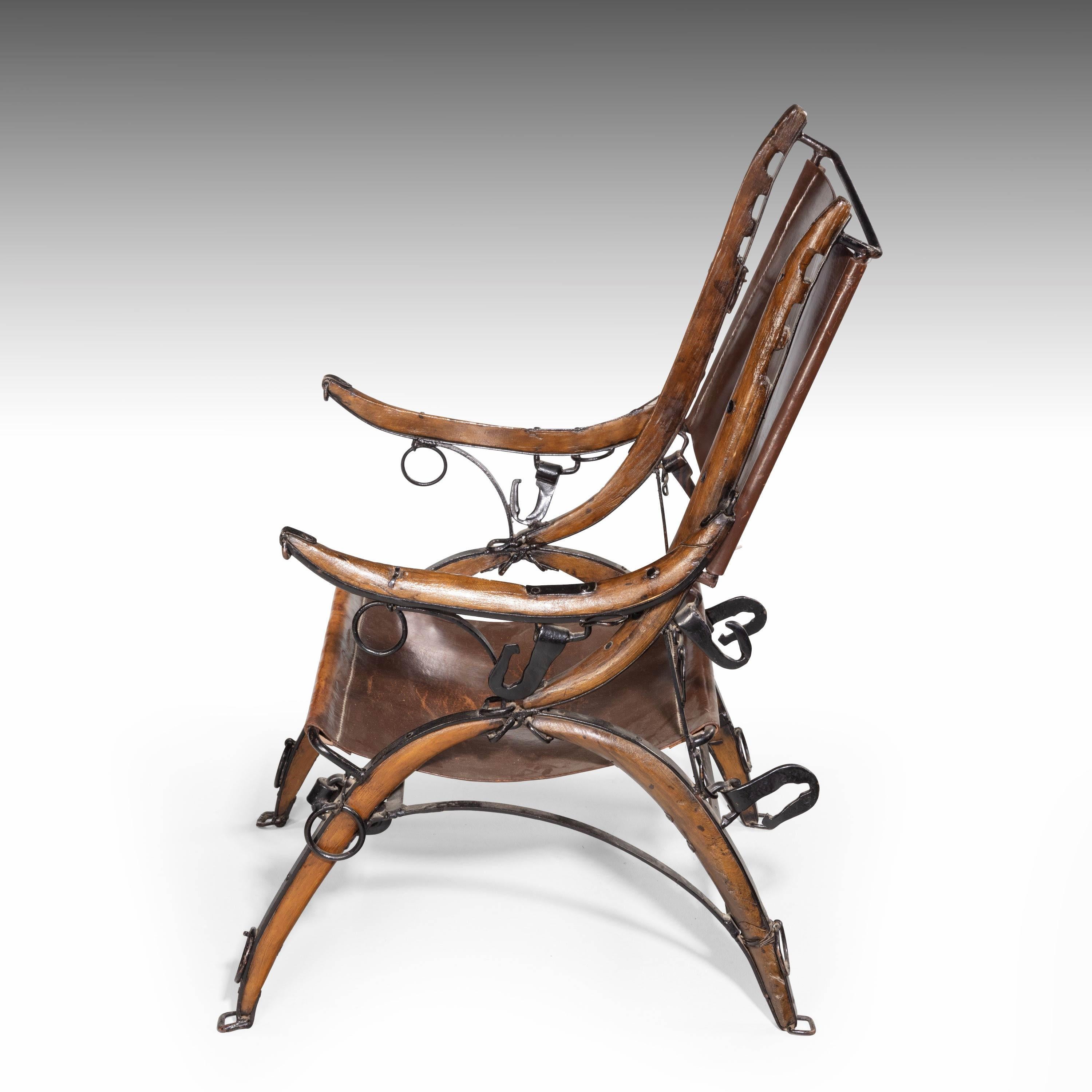 A most unusual and rare chair constructed from horse hames. With a fine leather back and seat.
Measures: Seat height 14