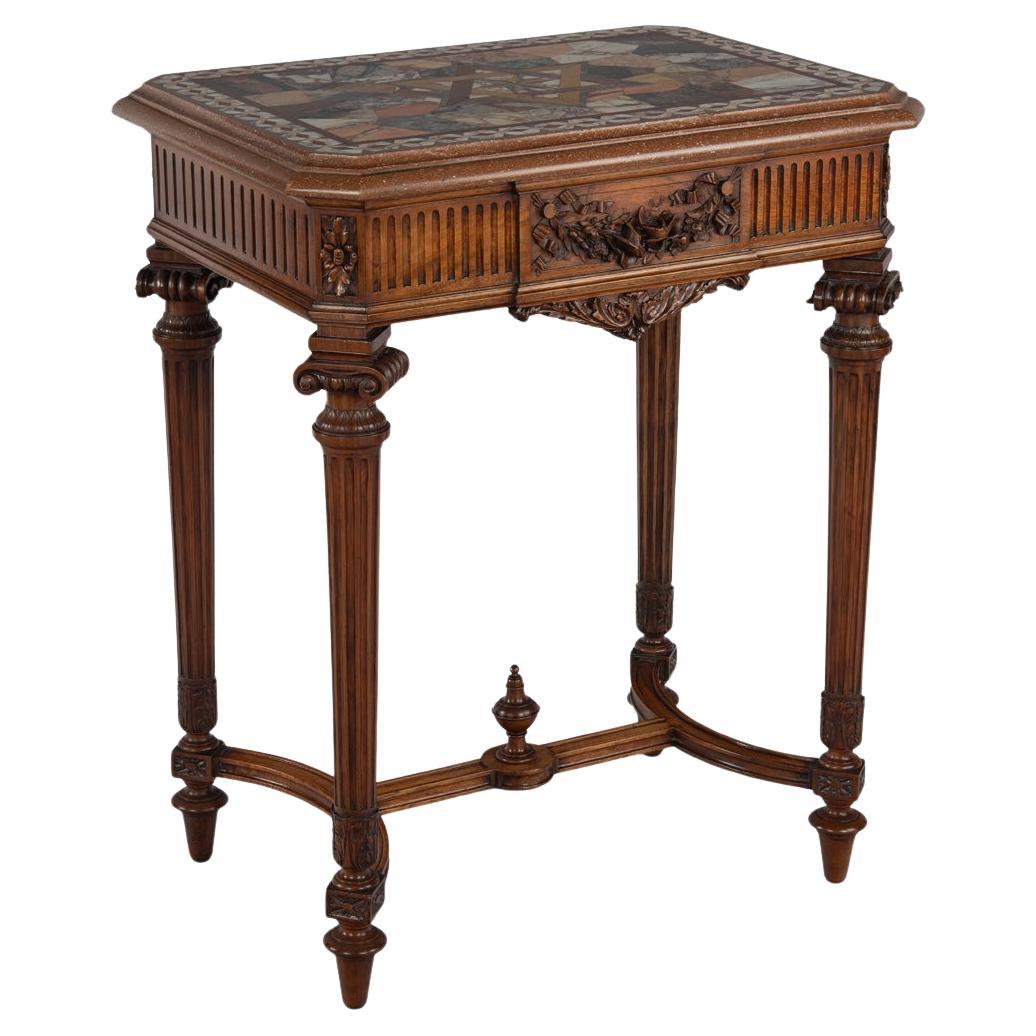 An unusual early 20th century walnut Lyon-Made table supporting an Italian For Sale