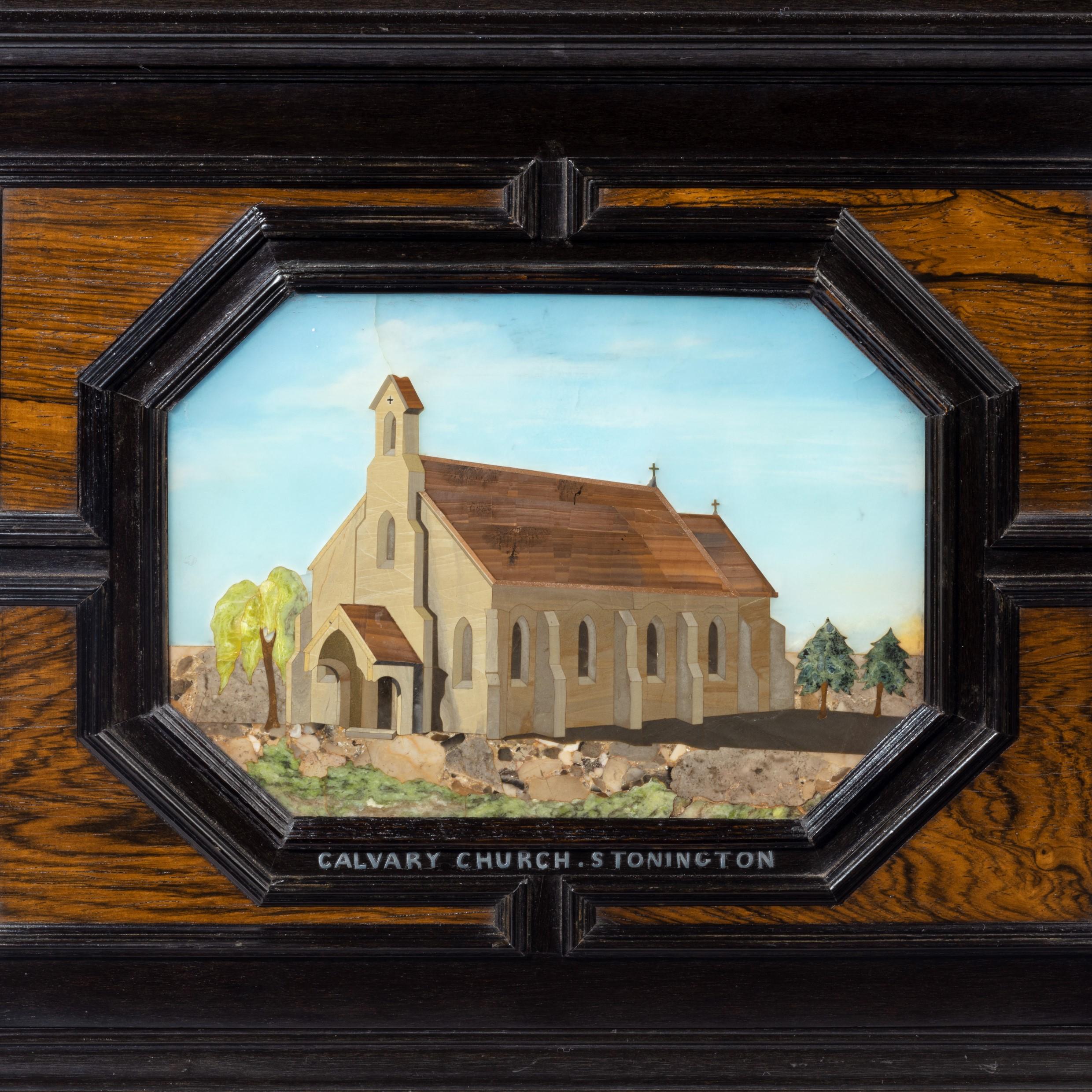 An unusual ebony bijouterie table cabinet showing Calvary Church, Stonington, Lo For Sale 6