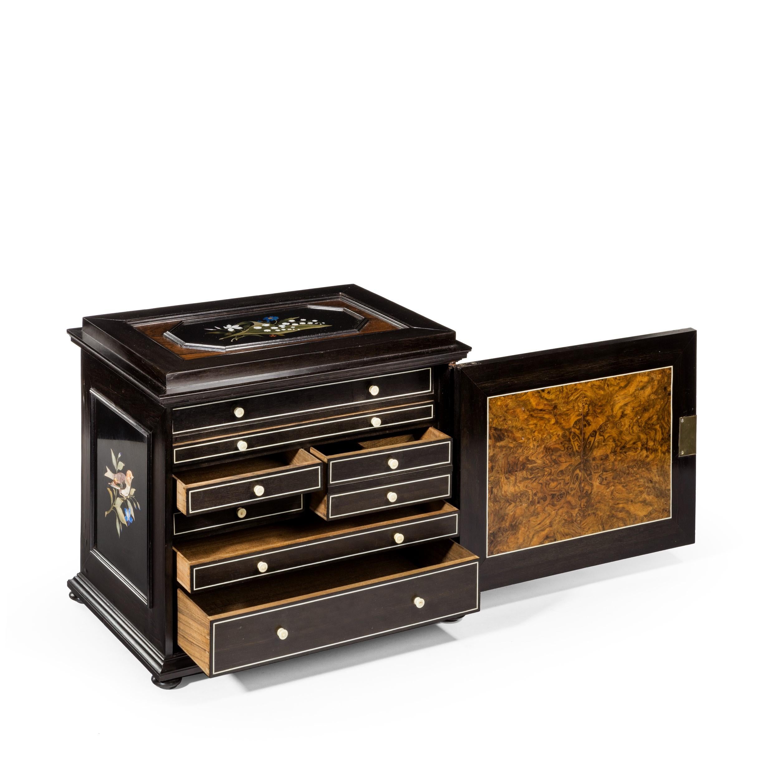 English An unusual ebony bijouterie table cabinet showing Calvary Church, Stonington, Lo For Sale