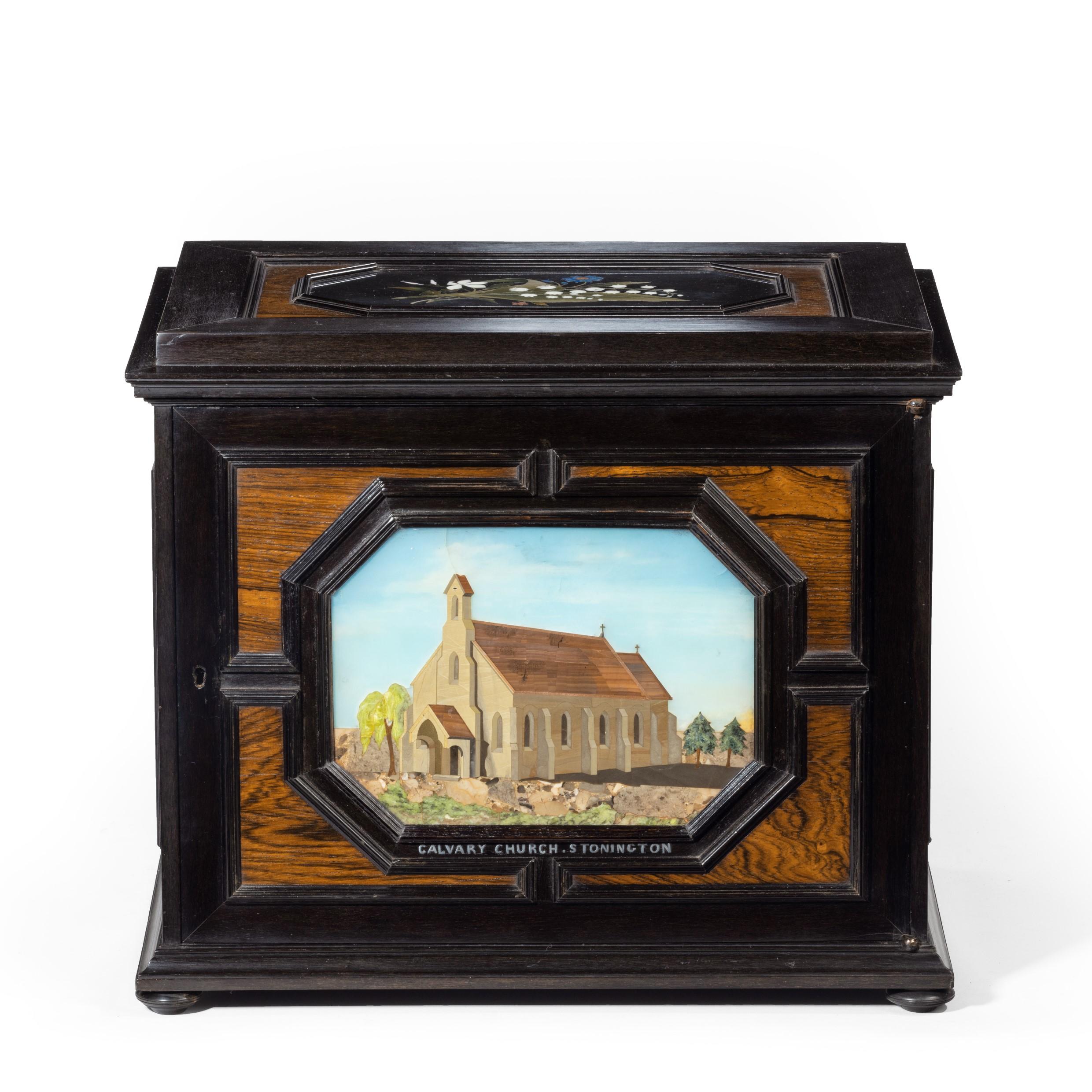 Ebony An unusual ebony bijouterie table cabinet showing Calvary Church, Stonington, Lo For Sale
