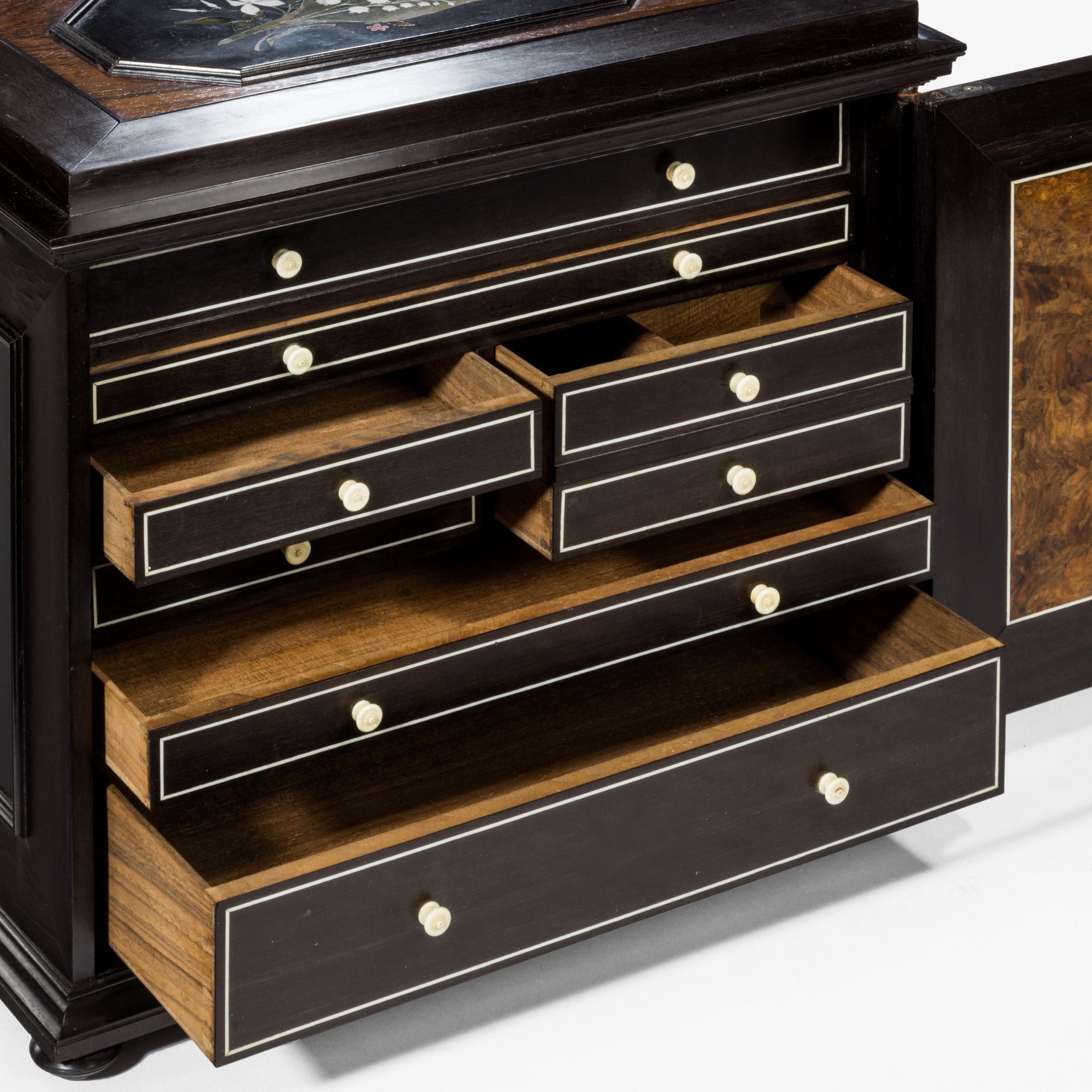 An unusual ebony bijouterie table cabinet showing Calvary Church, Stonington, Lo For Sale 1