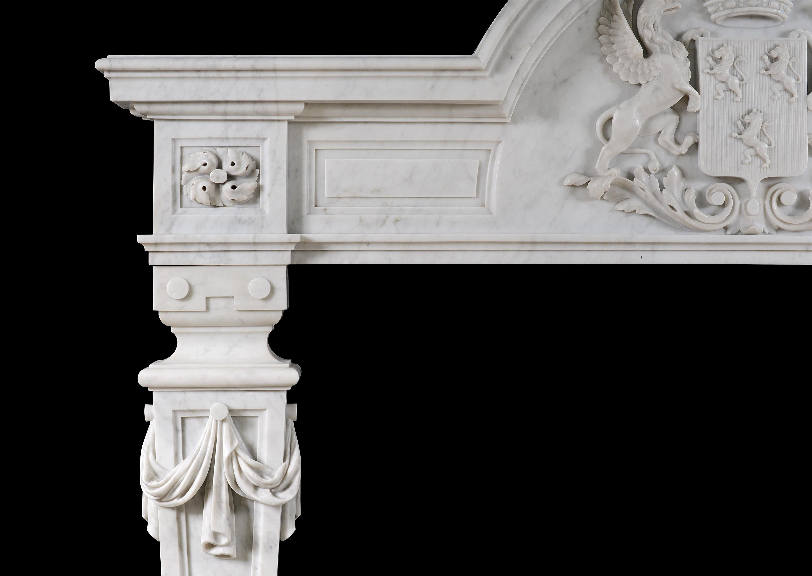 Unusual English Baroque Style Fireplace in Italian Carrara Marble For Sale 1