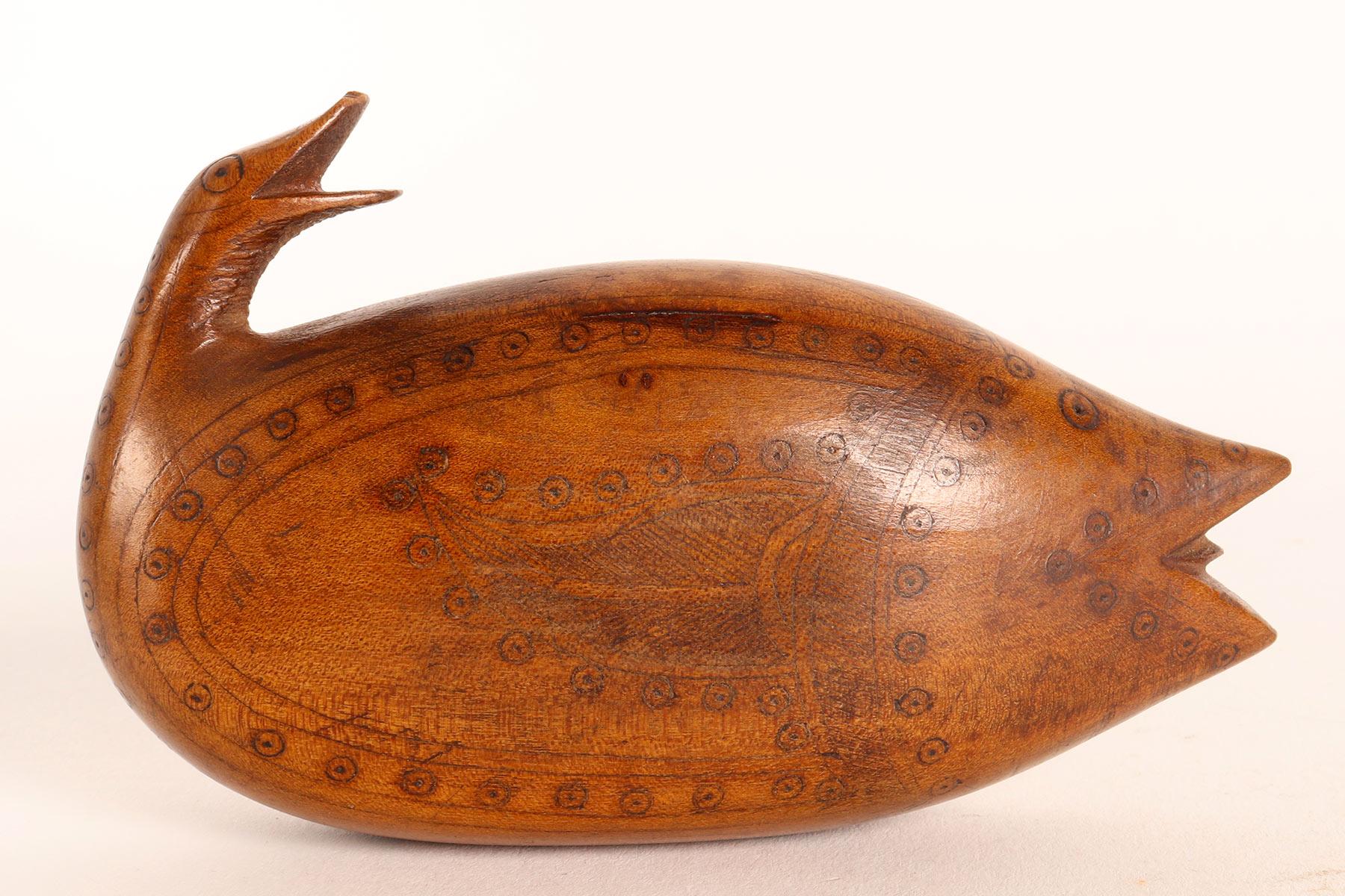 Swedish Unusual Fish-Shaped Burl Wood Snuffbox, Sweden 1871 For Sale
