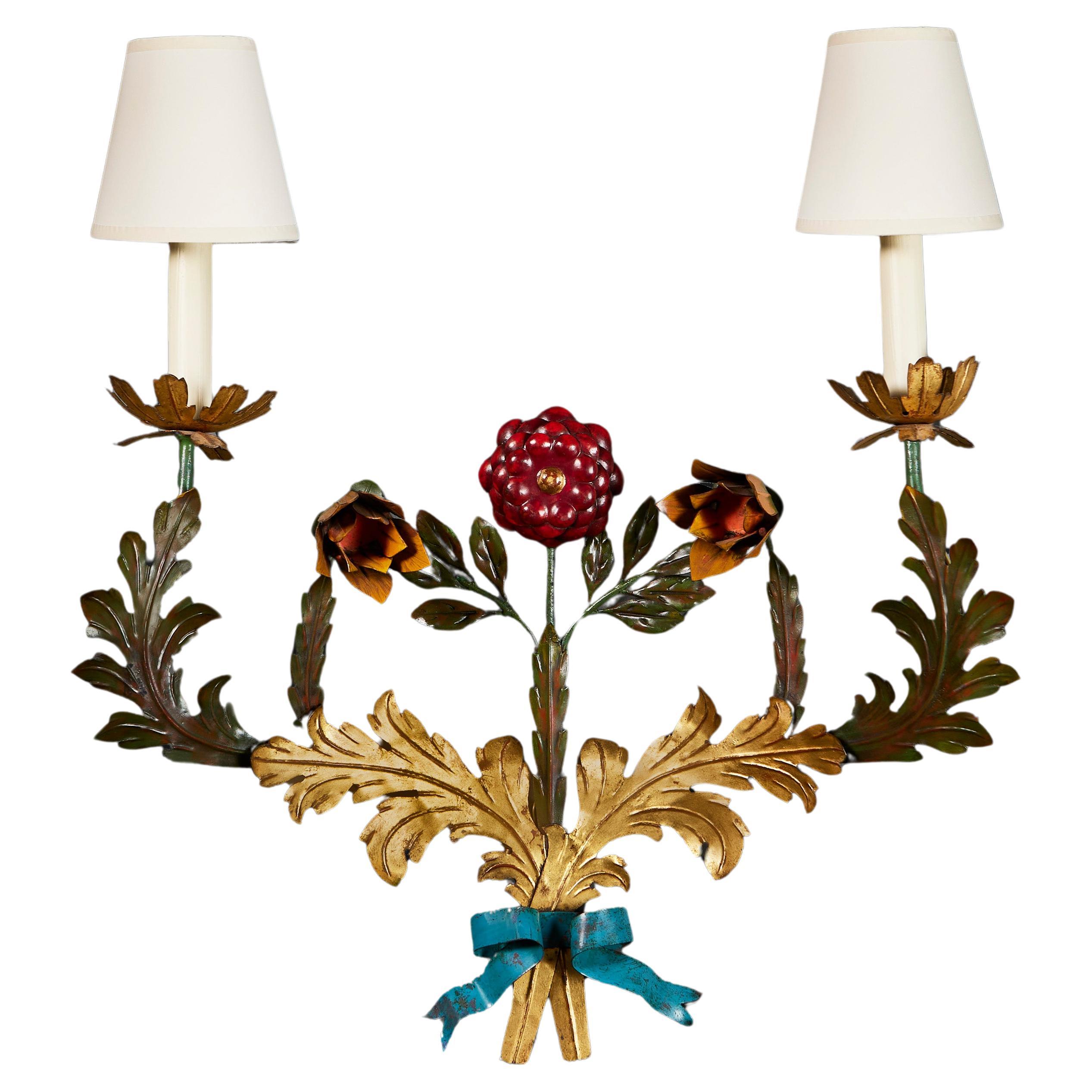 An Unusual French Painted Tole Wall Light  For Sale
