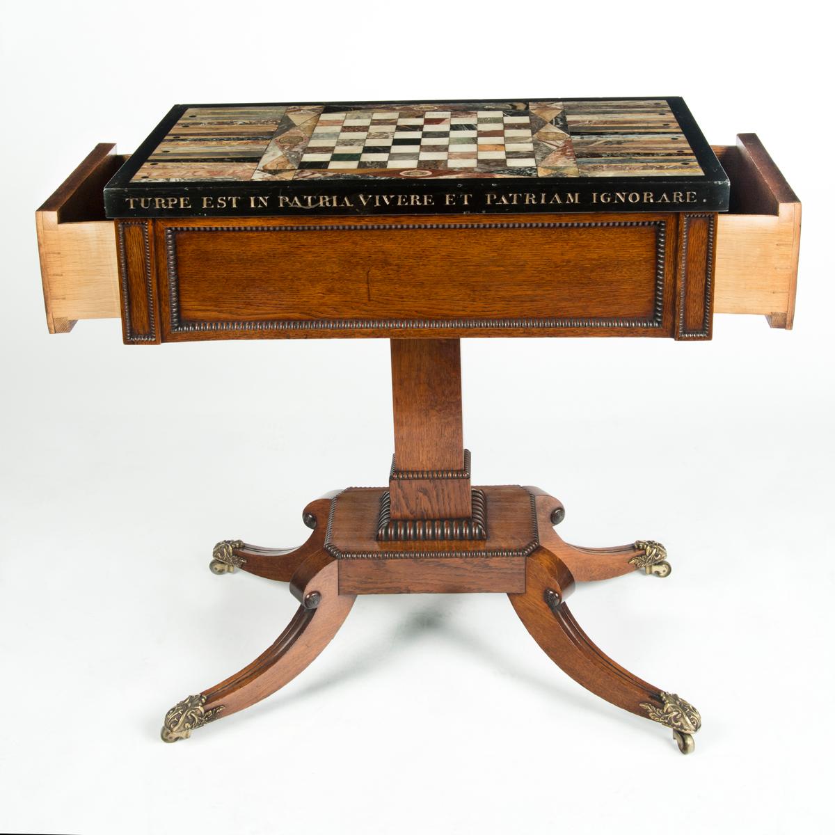An unusual George IV specimen marble backgammon table attributed to Gillows. This rectangular table is strongly attributed to Gillows.  It has a rectangular top inlaid with a central chess board flanked by two backgammon fields, all inlaid with a