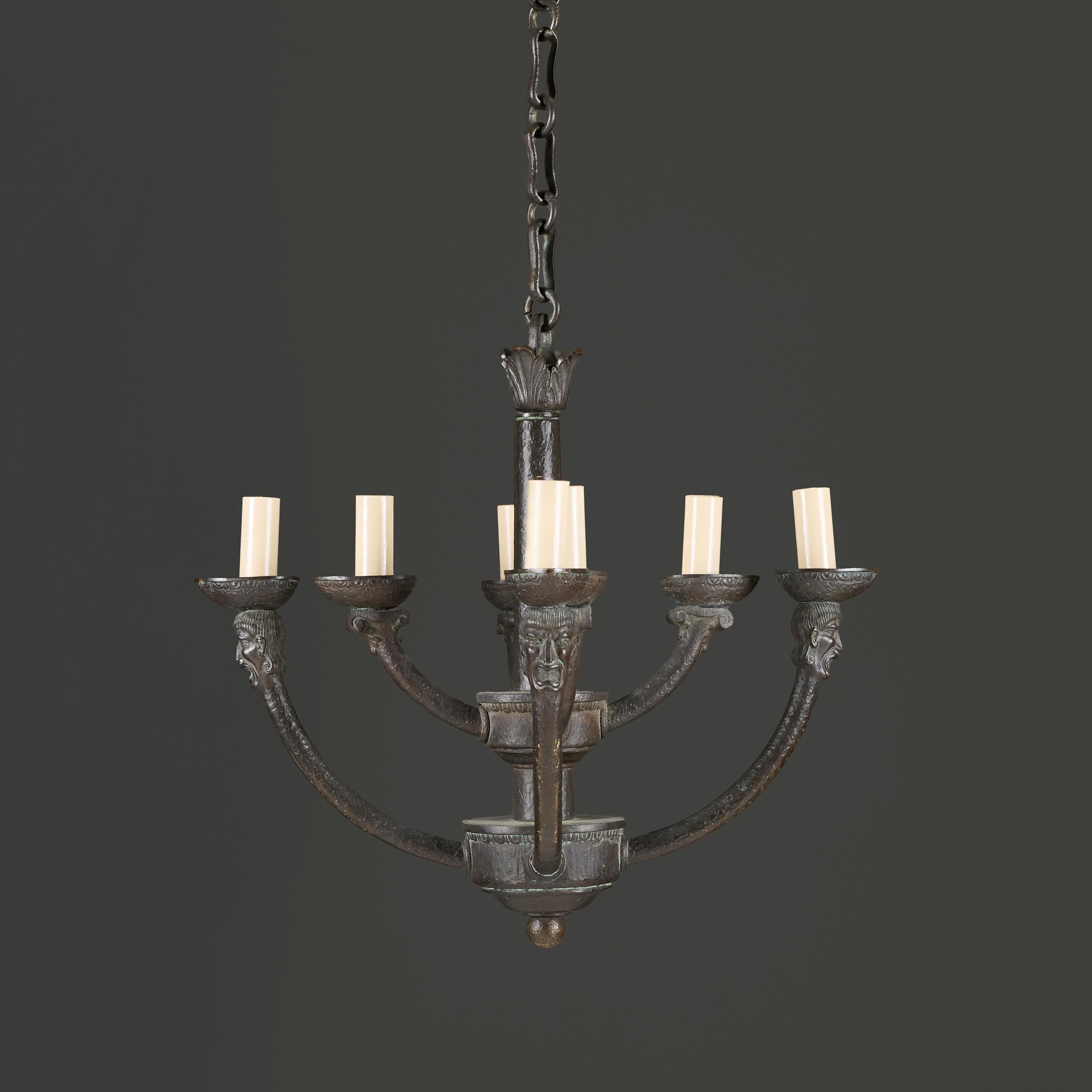 Francese An Unusual Greco-Roman Style Bronze Chandelier with Tragedy Masks in vendita