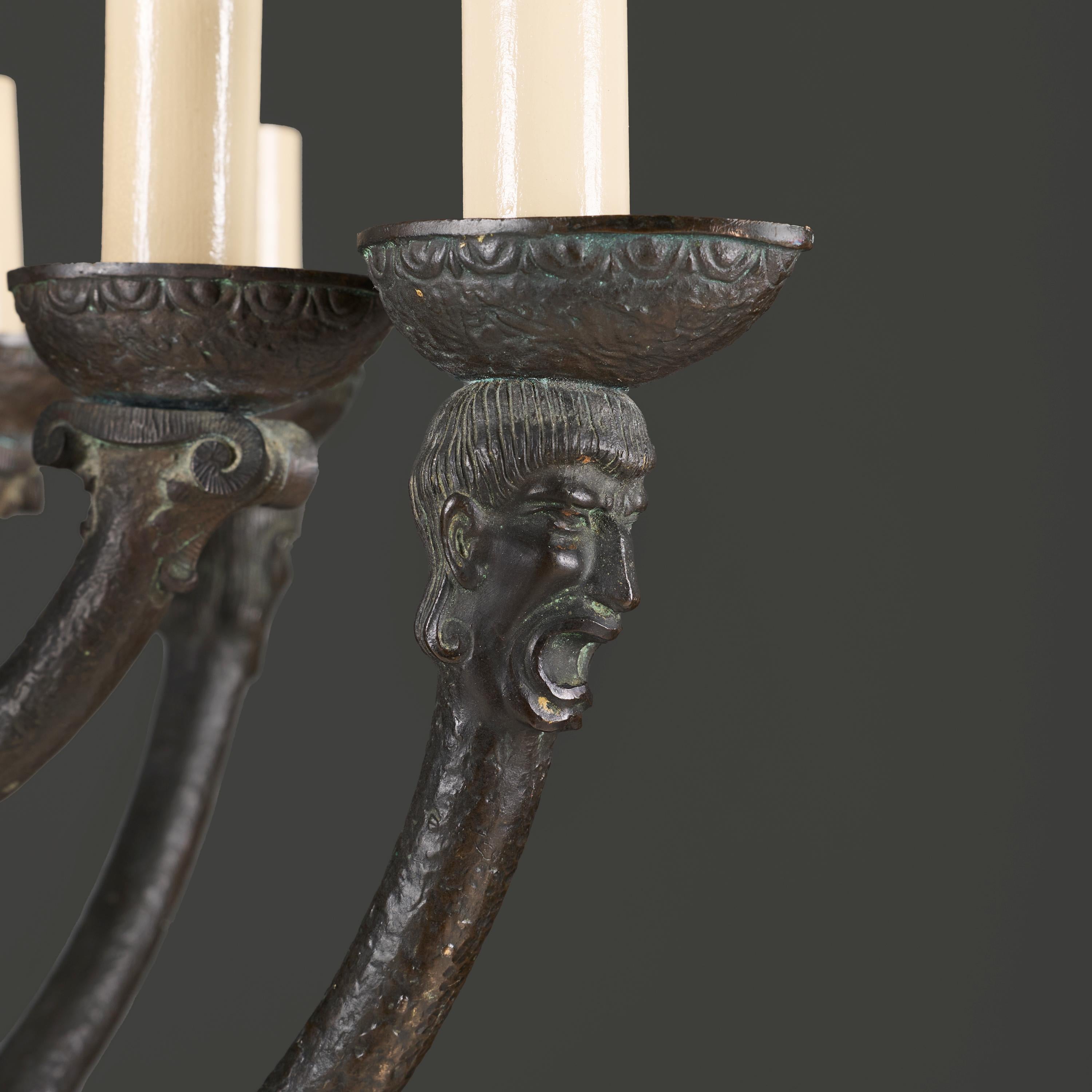 XX secolo An Unusual Greco-Roman Style Bronze Chandelier with Tragedy Masks in vendita