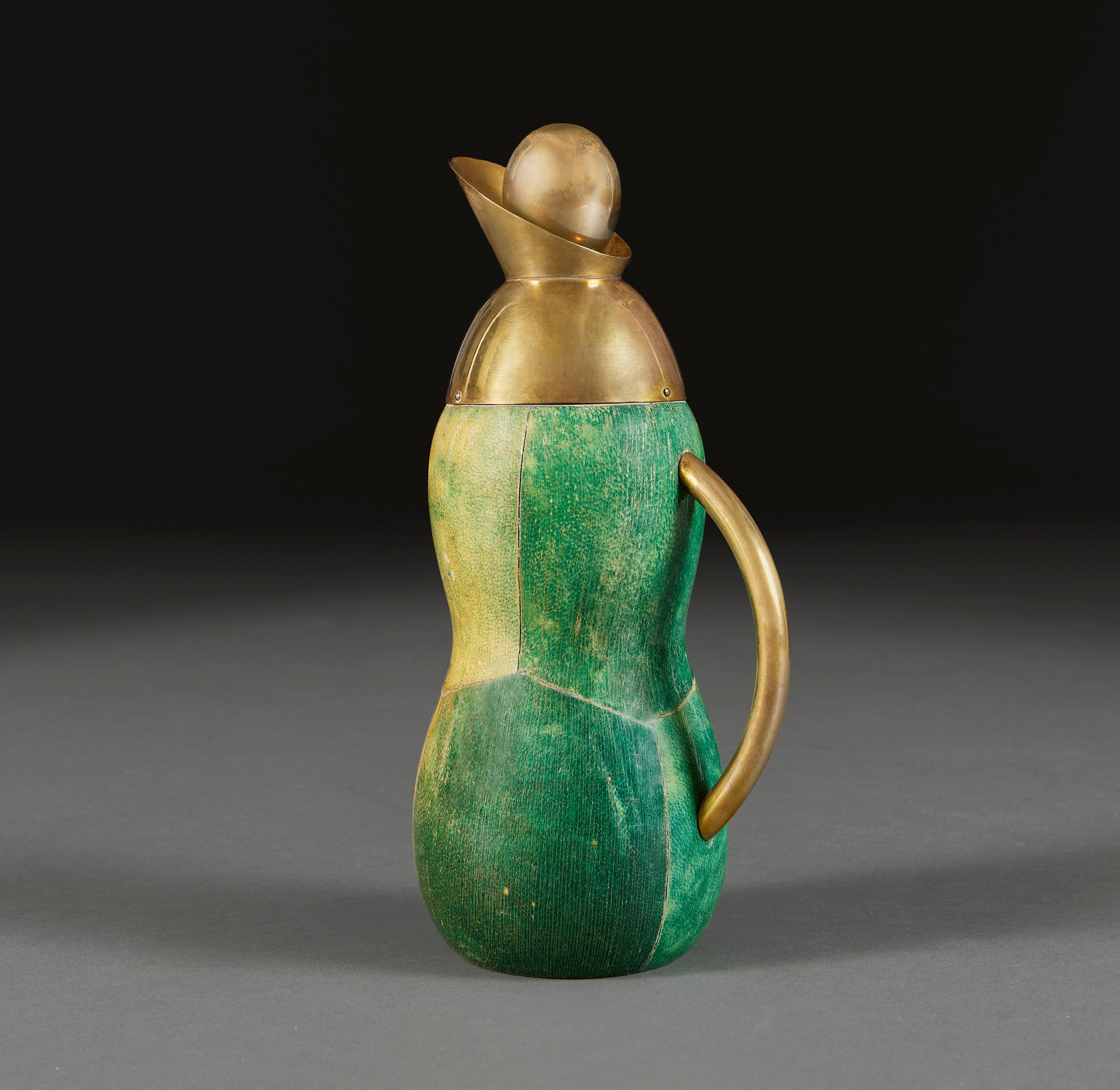 Mid-Century Modern An unusual green vellum and brass flask 