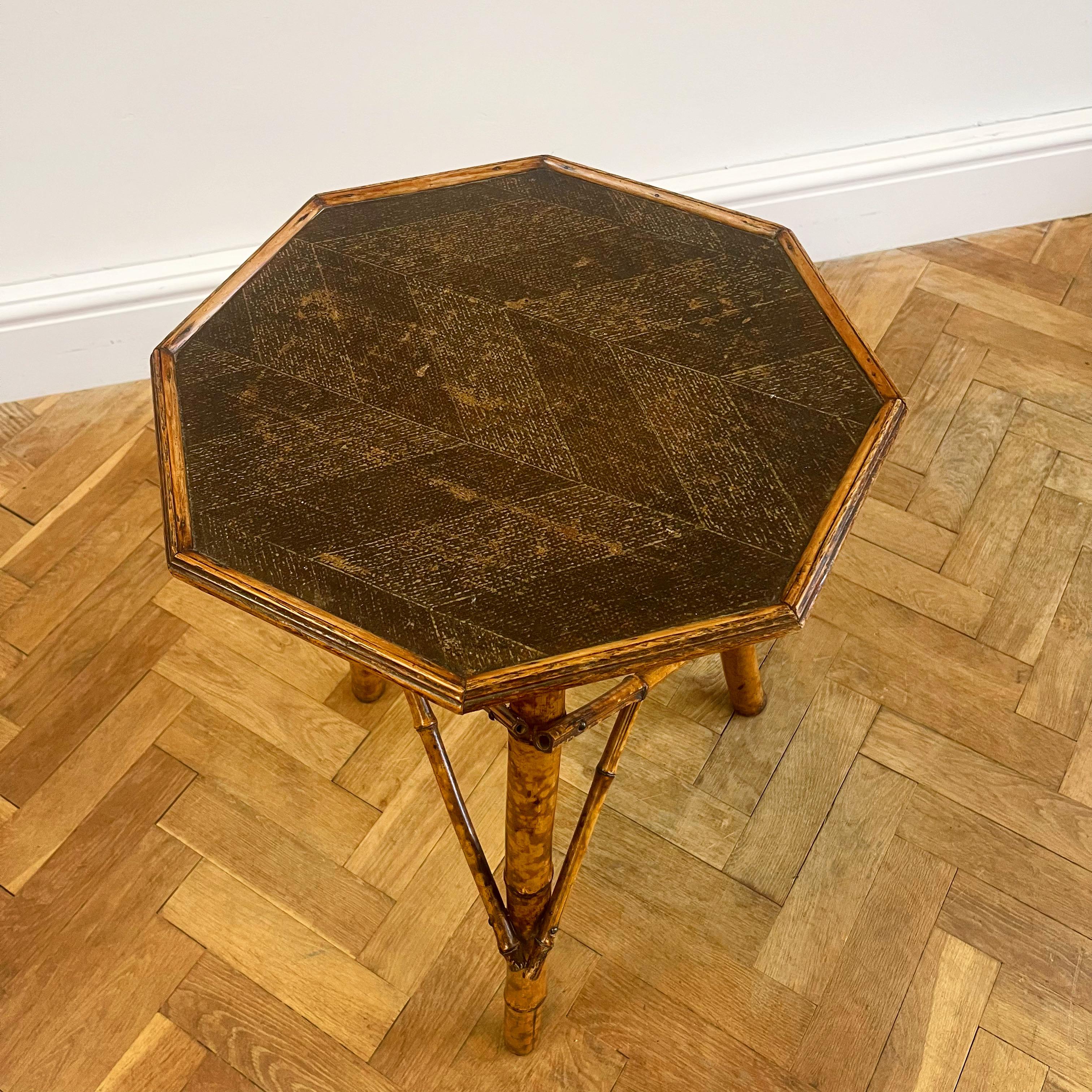An unusual bamboo side table with octagonal top laid with canvas in a chevron design, above tripod base.

English, Late Nineteenth Century 

H 64 x W 43.5 x D 45 cms

Inquire about this piece