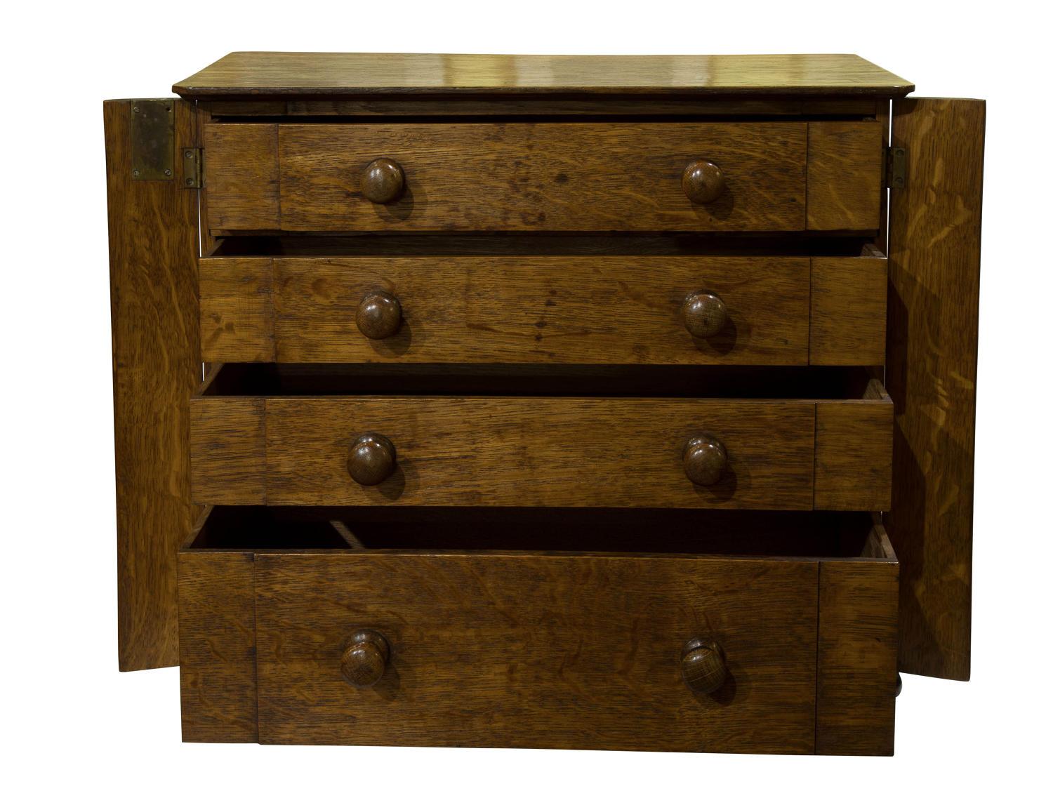 Victorian Unusual Miniature Oak Wellington Chest of 4 Drawers with Locking Pilaster