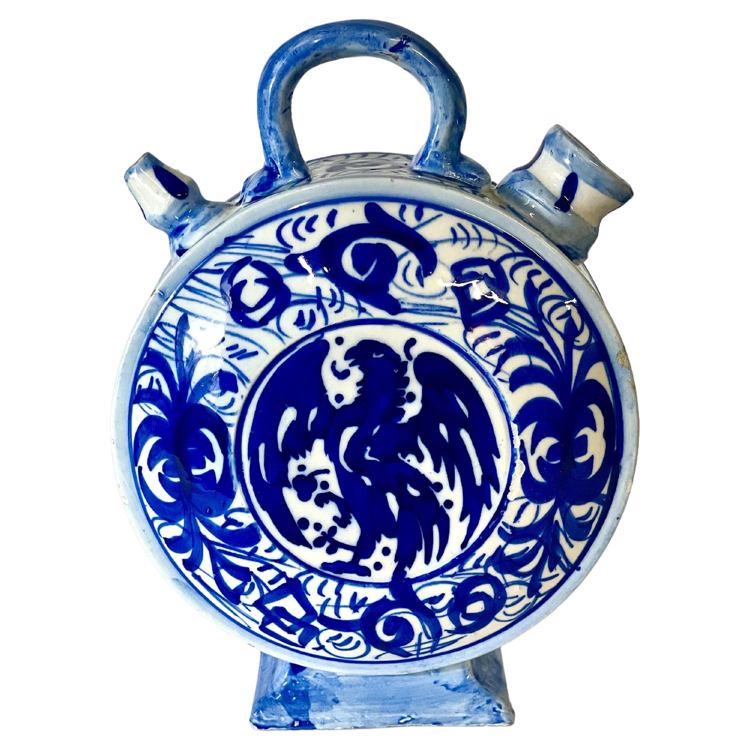  Blue and White Moon Shaped  Earthenware Chevrette or French Water Pitcher For Sale