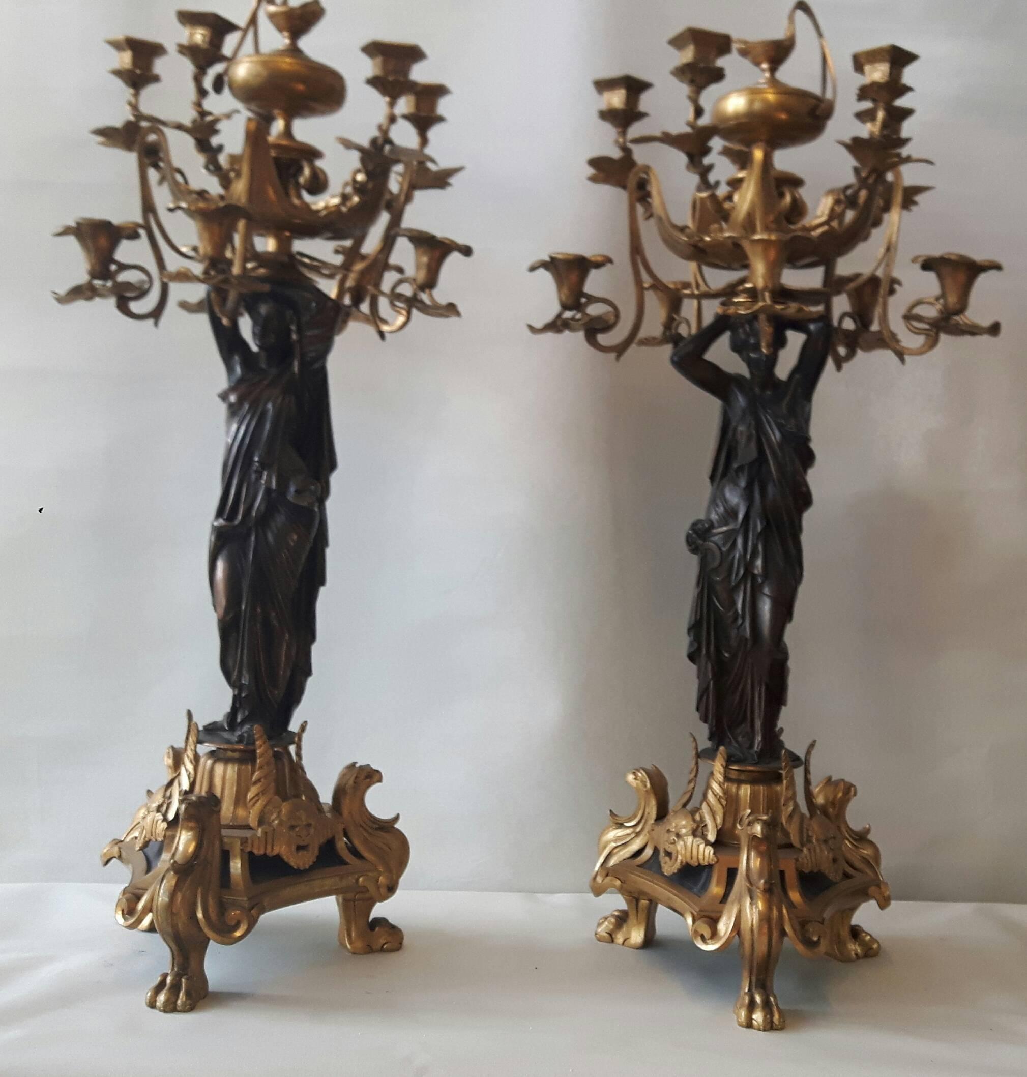 Bronze Unusual Pair of 19th Century French Candelabras For Sale