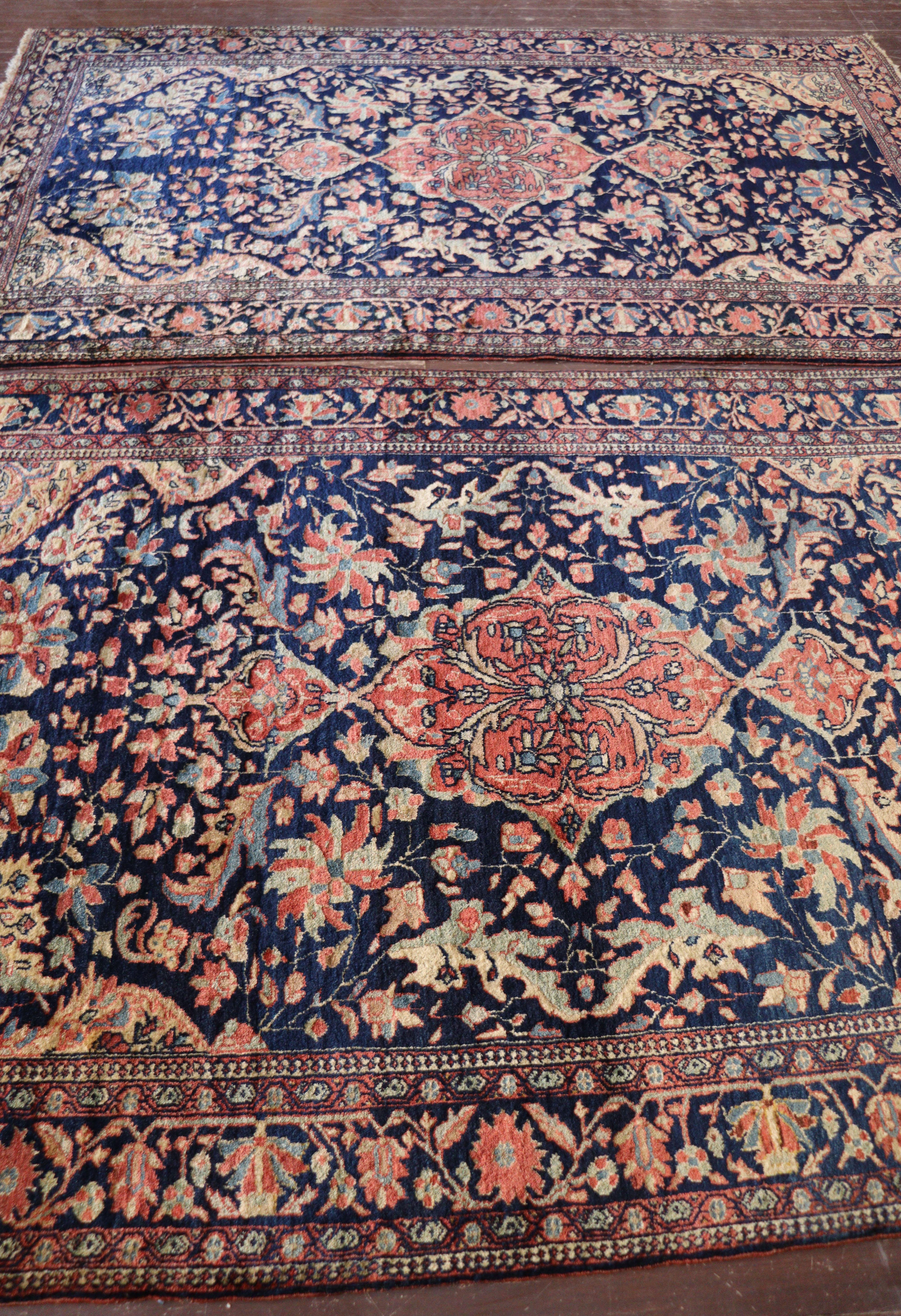 Hand-Knotted  Pair of Antique Persian Feraghan Sarouk Rugs, Unusual 4'3