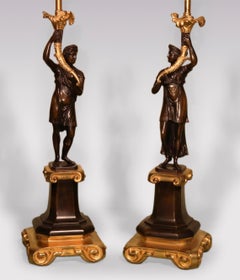 Unusual Pair of Bronze Figure Candlestick Lamps