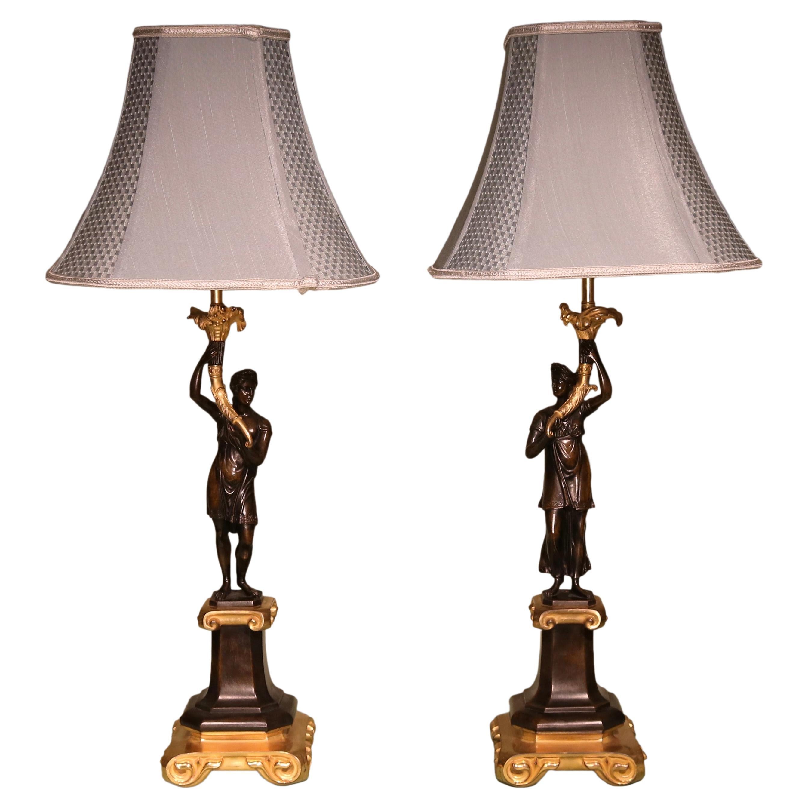 Unusual Pair of Bronze Figure Candlestick Lamps