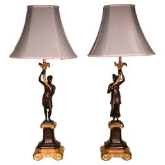 Antique Unusual Pair of Bronze Figure Candlestick Lamps