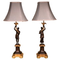 Unusual Pair of Bronze Figure Candlestick Lamps