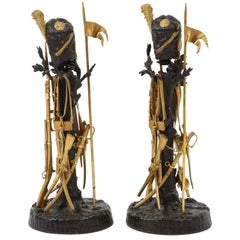 Unusual Pair of French Ormolu and Patinated Bronze "Military" Candlesticks