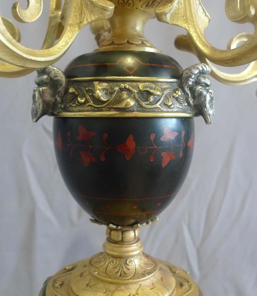 Unusual Pair of Gilt and Silvered Bronze, Inlaid Marble 6 Sconce Candelabra In Good Condition For Sale In London, GB