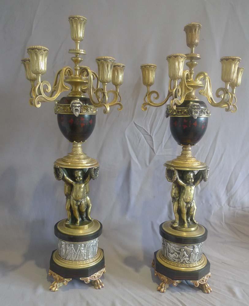 Mid-19th Century Unusual Pair of Gilt and Silvered Bronze, Inlaid Marble 6 Sconce Candelabra For Sale