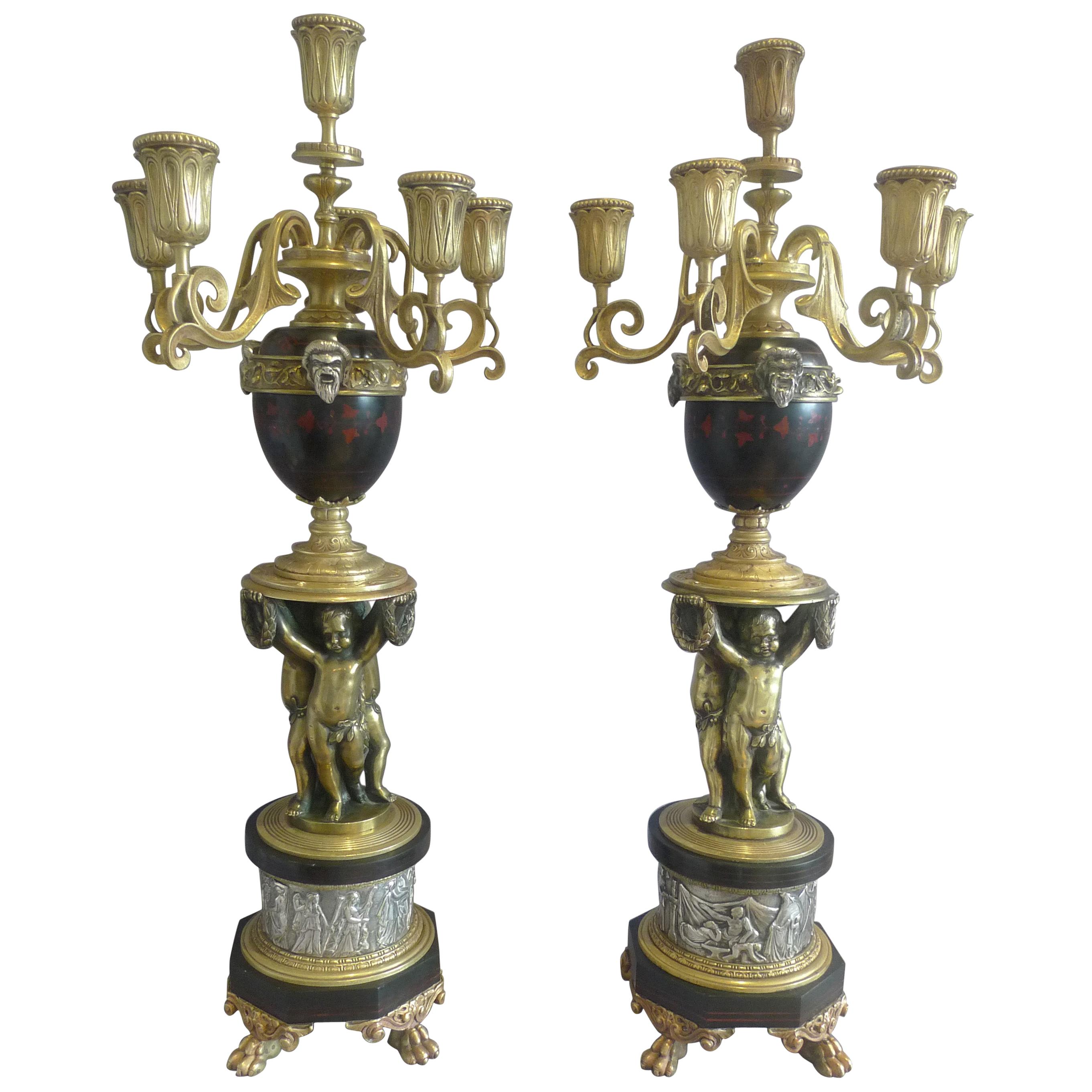Unusual Pair of Gilt and Silvered Bronze, Inlaid Marble 6 Sconce Candelabra For Sale
