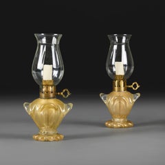 An Unusual Pair of Gold Murano Glass Hurricane Lamps