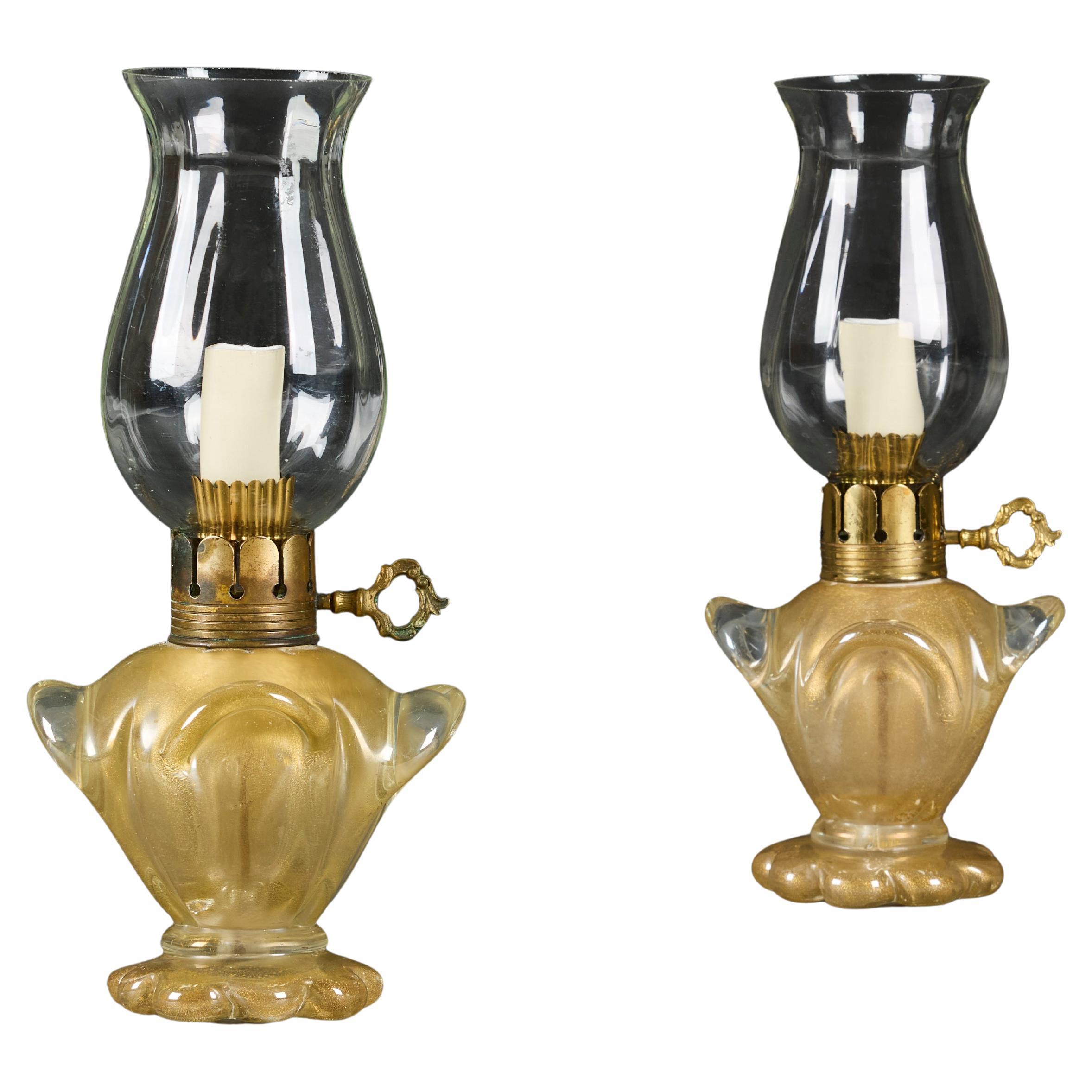 An Unusual Pair of Gold Murano Glass Hurricane Lamps