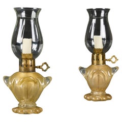 An Unusual Pair of Gold Murano Glass Hurricane Lamps