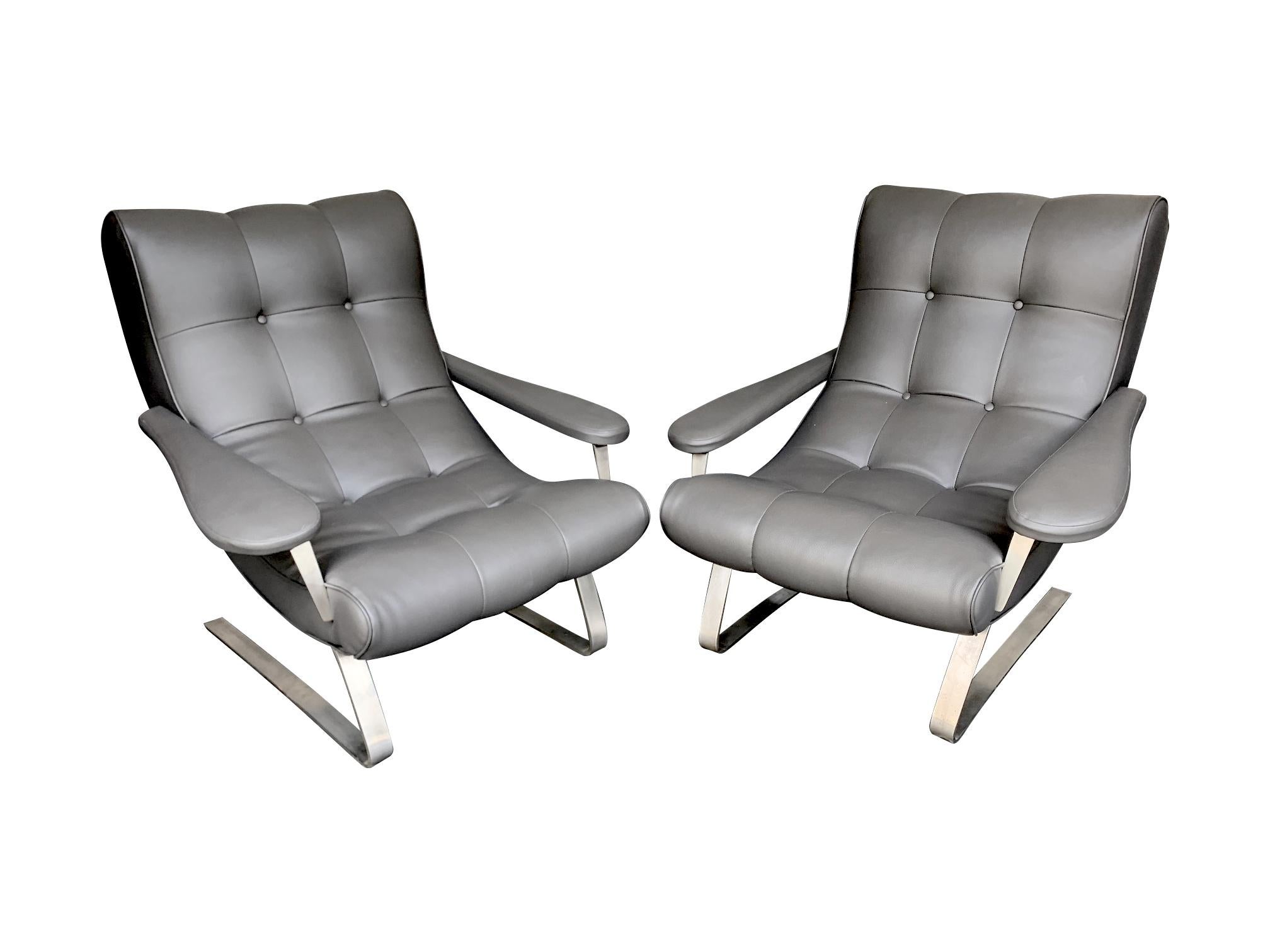 Mid-Century Modern Unusual Pair of Italian 1970s Cantilevered Armchairs with Brushed Metal Legs