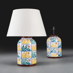 An Unusual Pair of Italian Polychrome Pottery Jars as Lamps