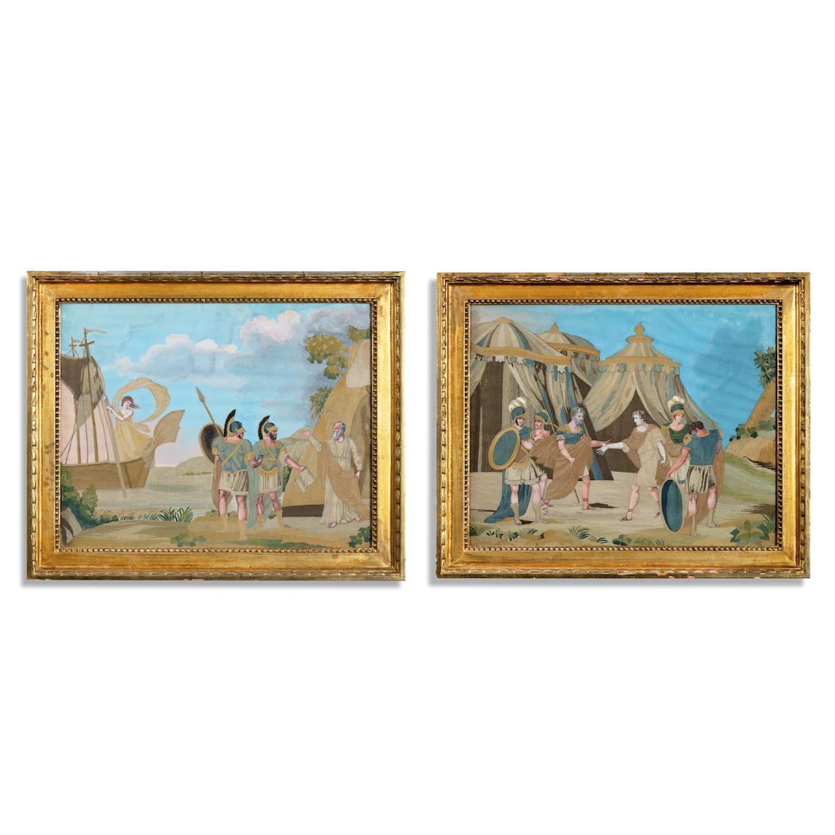 Unusual Pair of Italian Silk Embroidery and Gouache Painted Paper Pictures For Sale 1