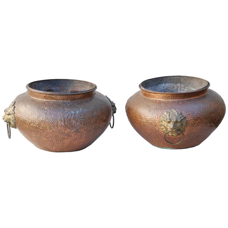 An Unusual Pair of Large Regency Hand Hammered Copper Planters For Sale