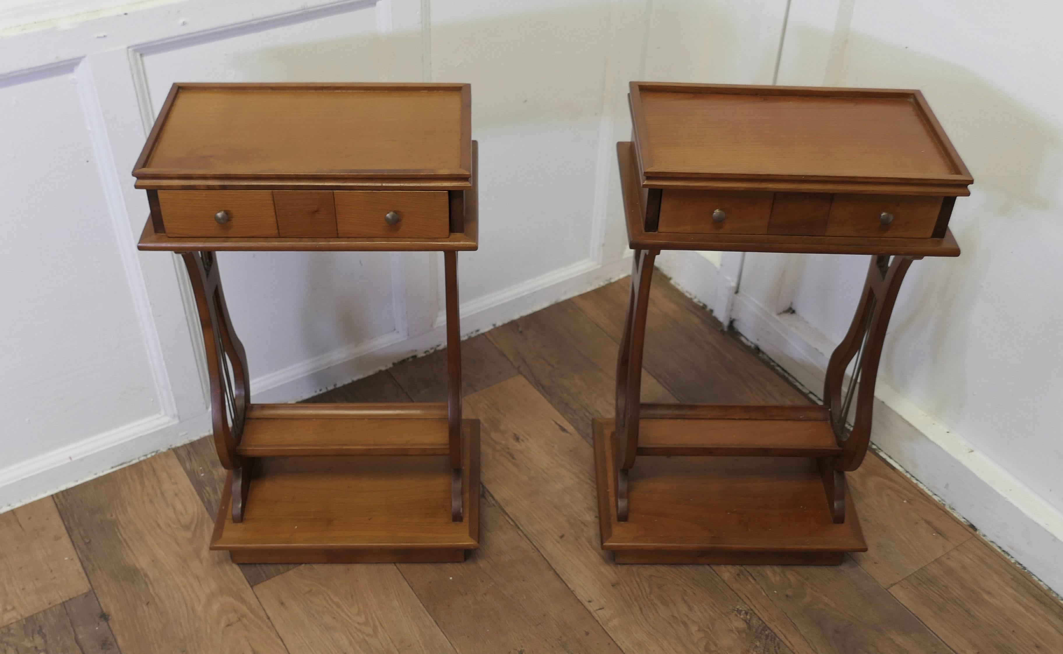 French Provincial An Unusual Pair of Lyre Ended Cherrywood Lamp or Side Tables    For Sale