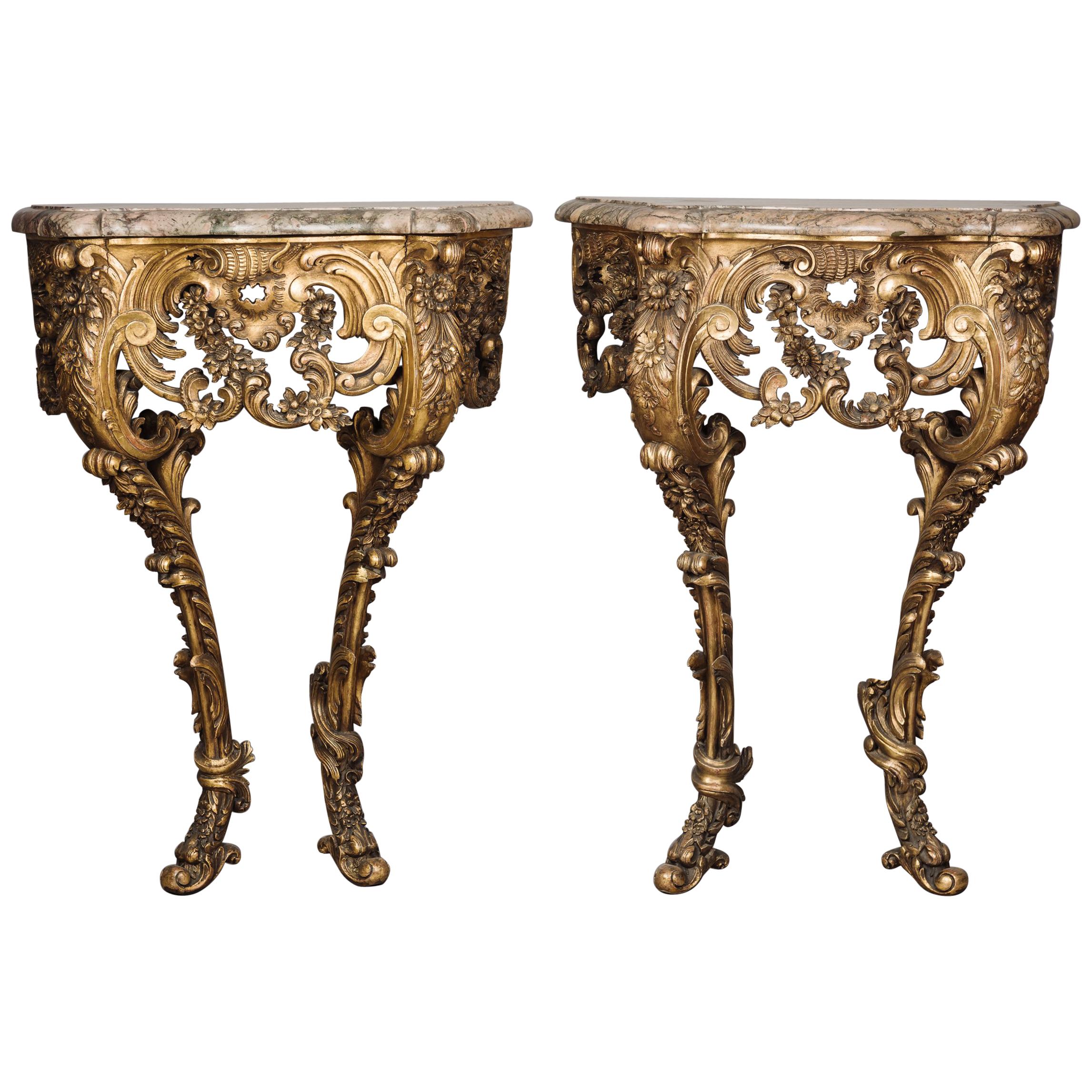 Unusual Pair of Petit Rococo Revival Giltwood Console Tables, circa 1860 For Sale