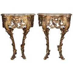 Antique Unusual Pair of Petit Rococo Revival Giltwood Console Tables, circa 1860