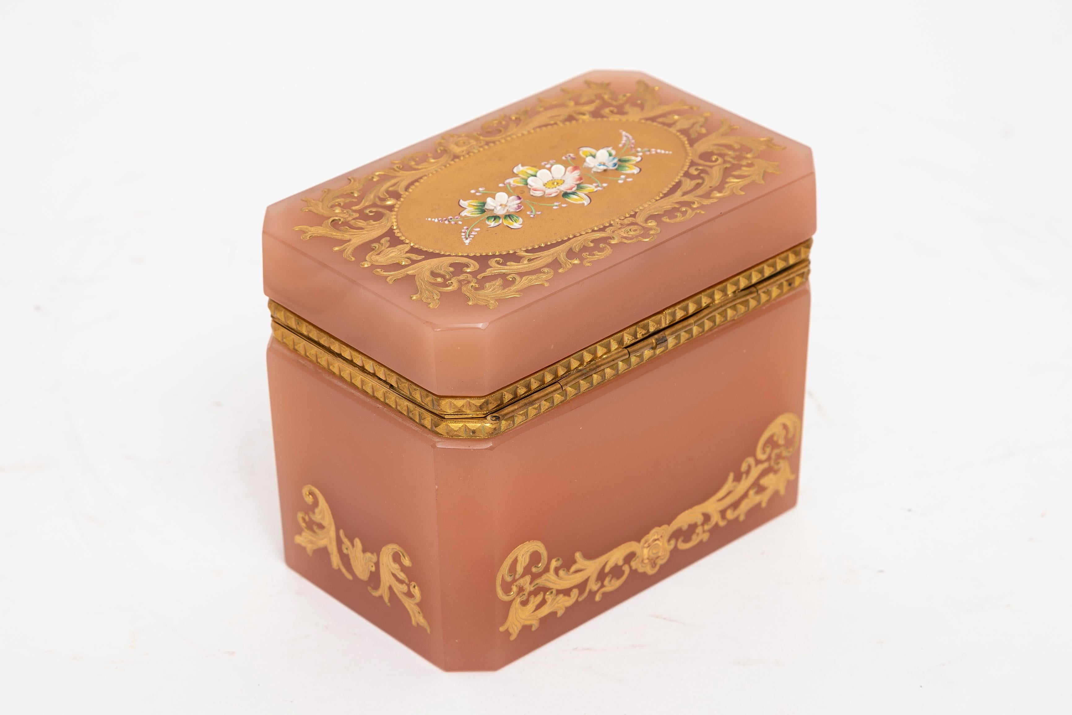 Louis XVI An Unusual Peach Opaline Dore Bronze Hinged Box by Moser w/ Raised Gold, Moser
