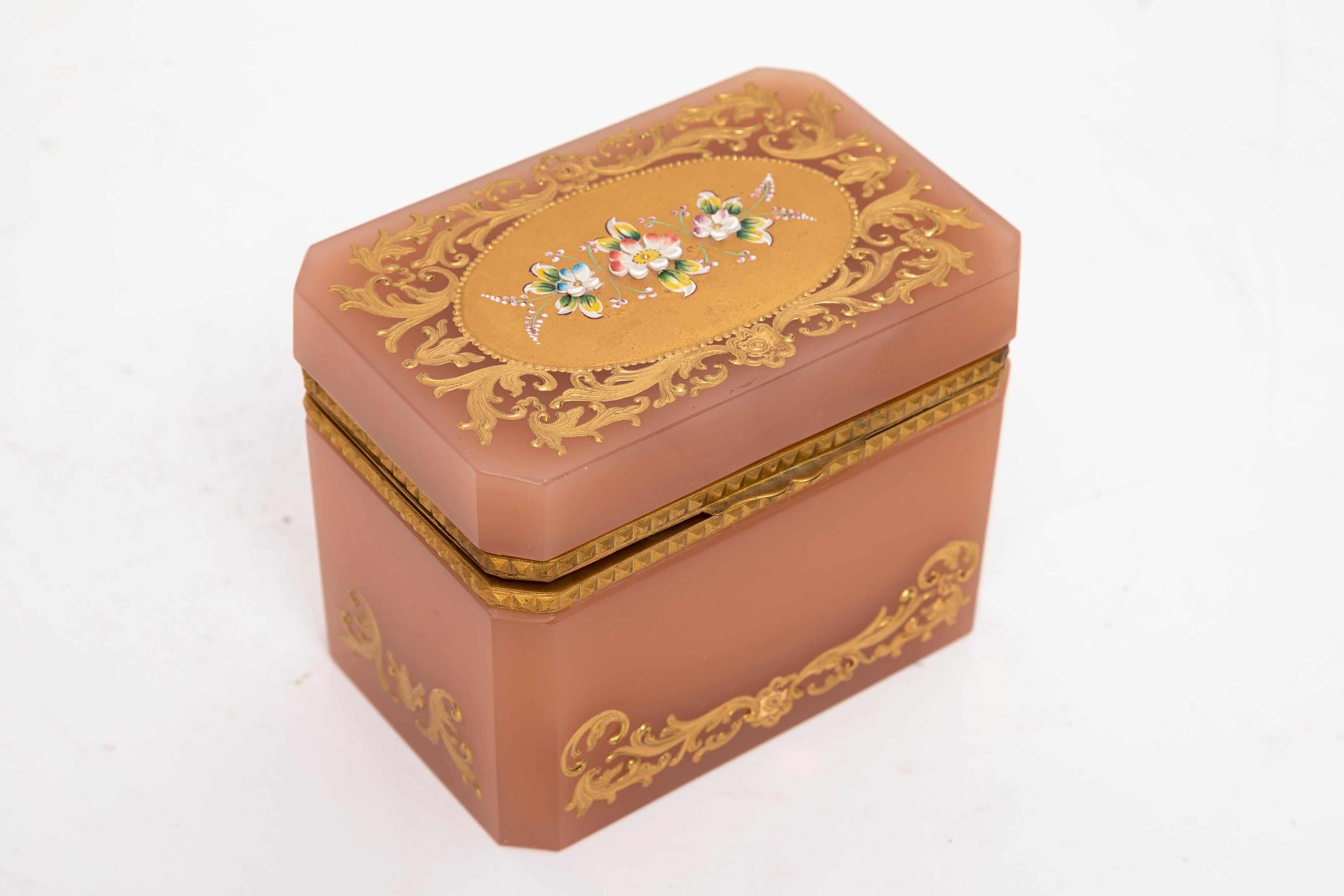 Czech An Unusual Peach Opaline Dore Bronze Hinged Box by Moser w/ Raised Gold, Moser