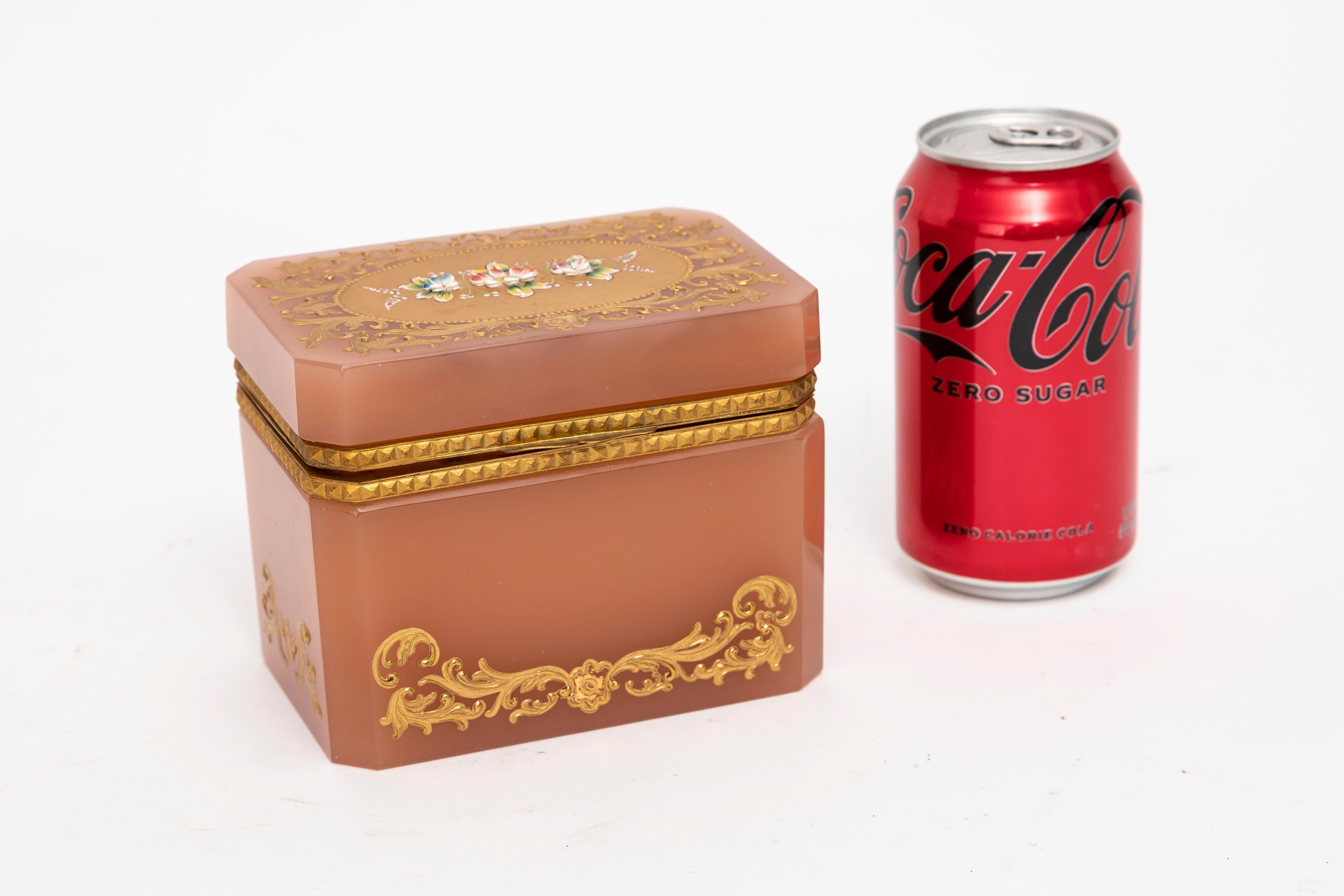 Enameled An Unusual Peach Opaline Dore Bronze Hinged Box by Moser w/ Raised Gold, Moser