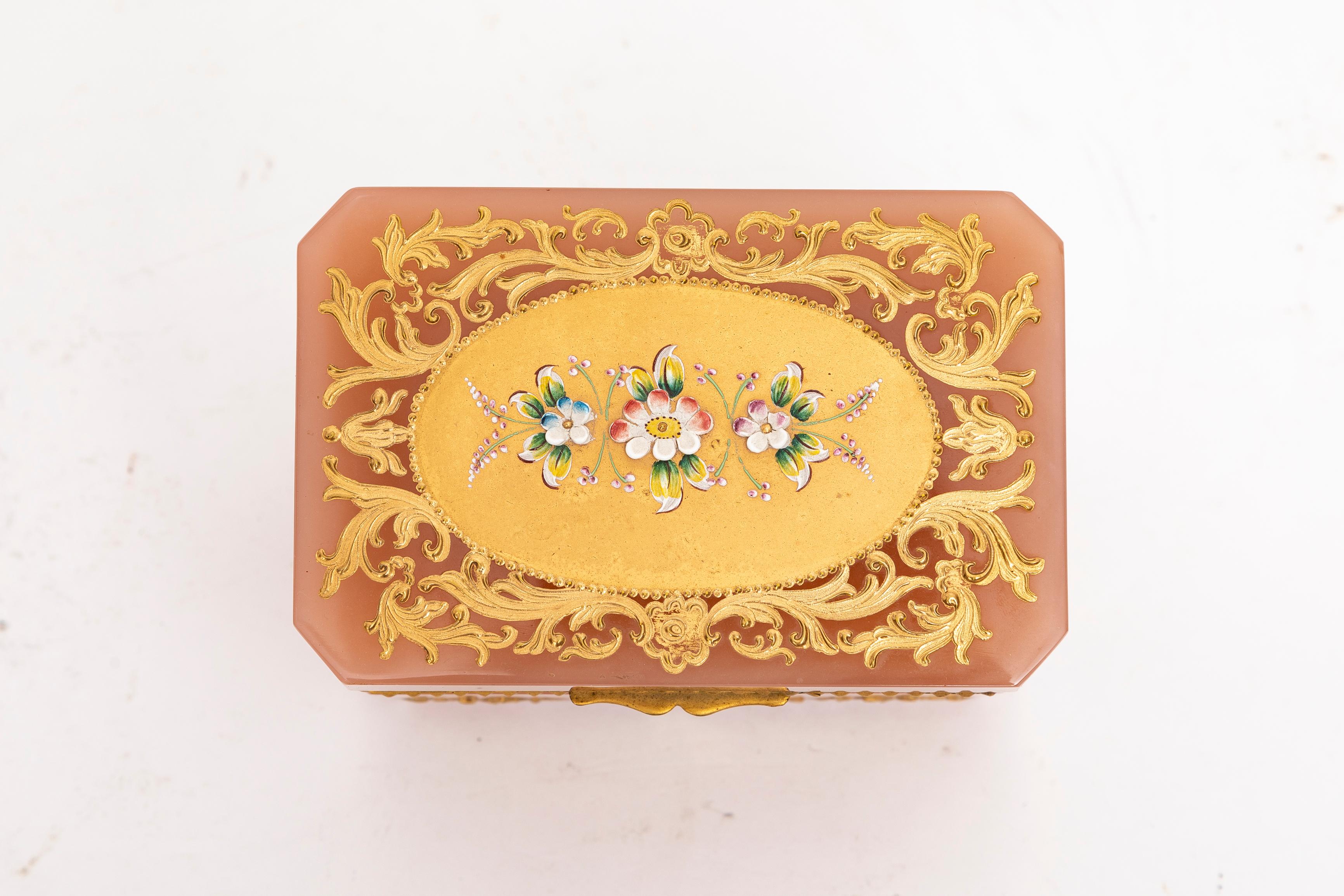 An Unusual Peach Opaline Dore Bronze Hinged Box by Moser w/ Raised Gold, Moser In Good Condition In New York, NY
