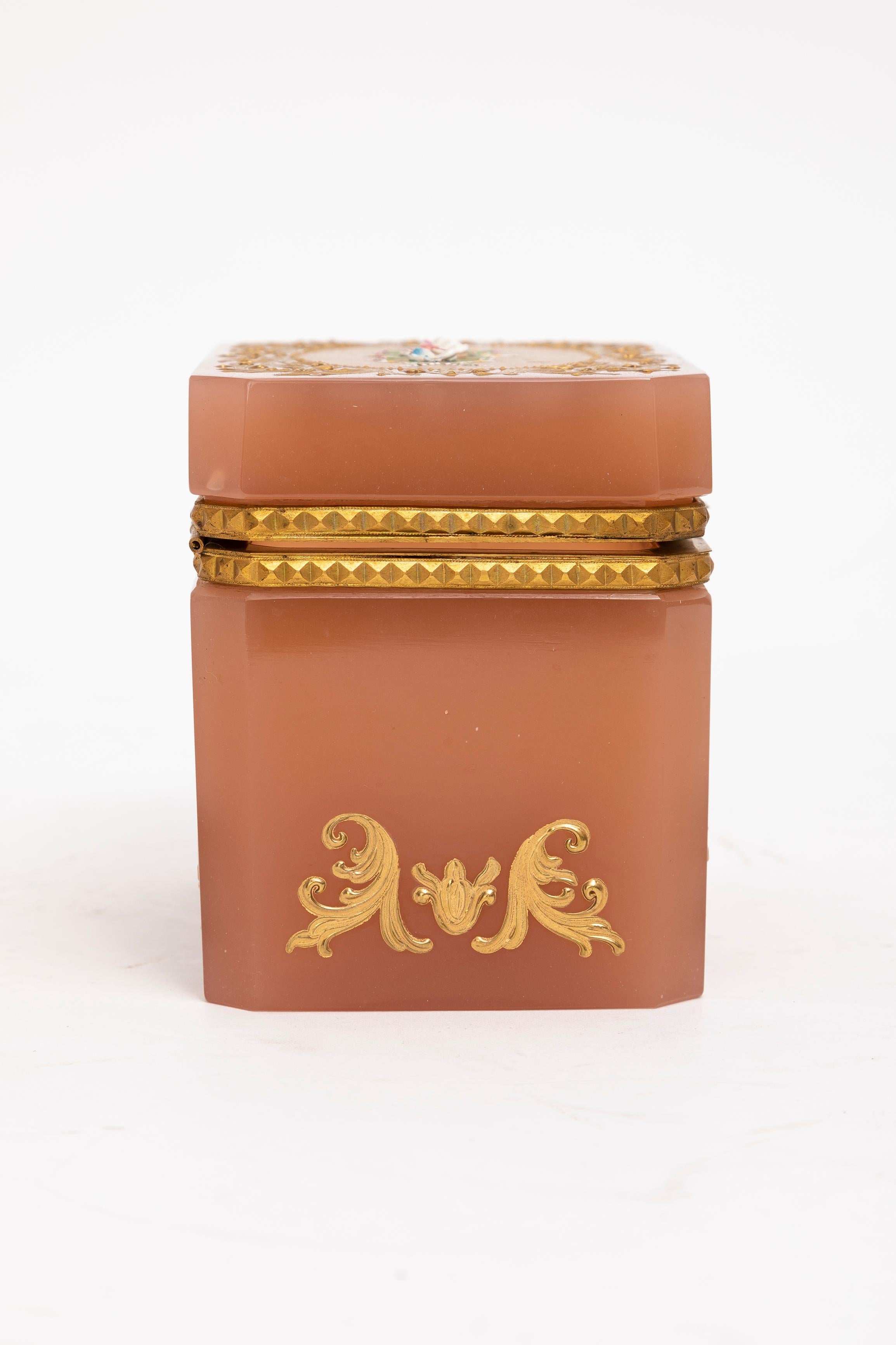 Early 20th Century An Unusual Peach Opaline Dore Bronze Hinged Box by Moser w/ Raised Gold, Moser