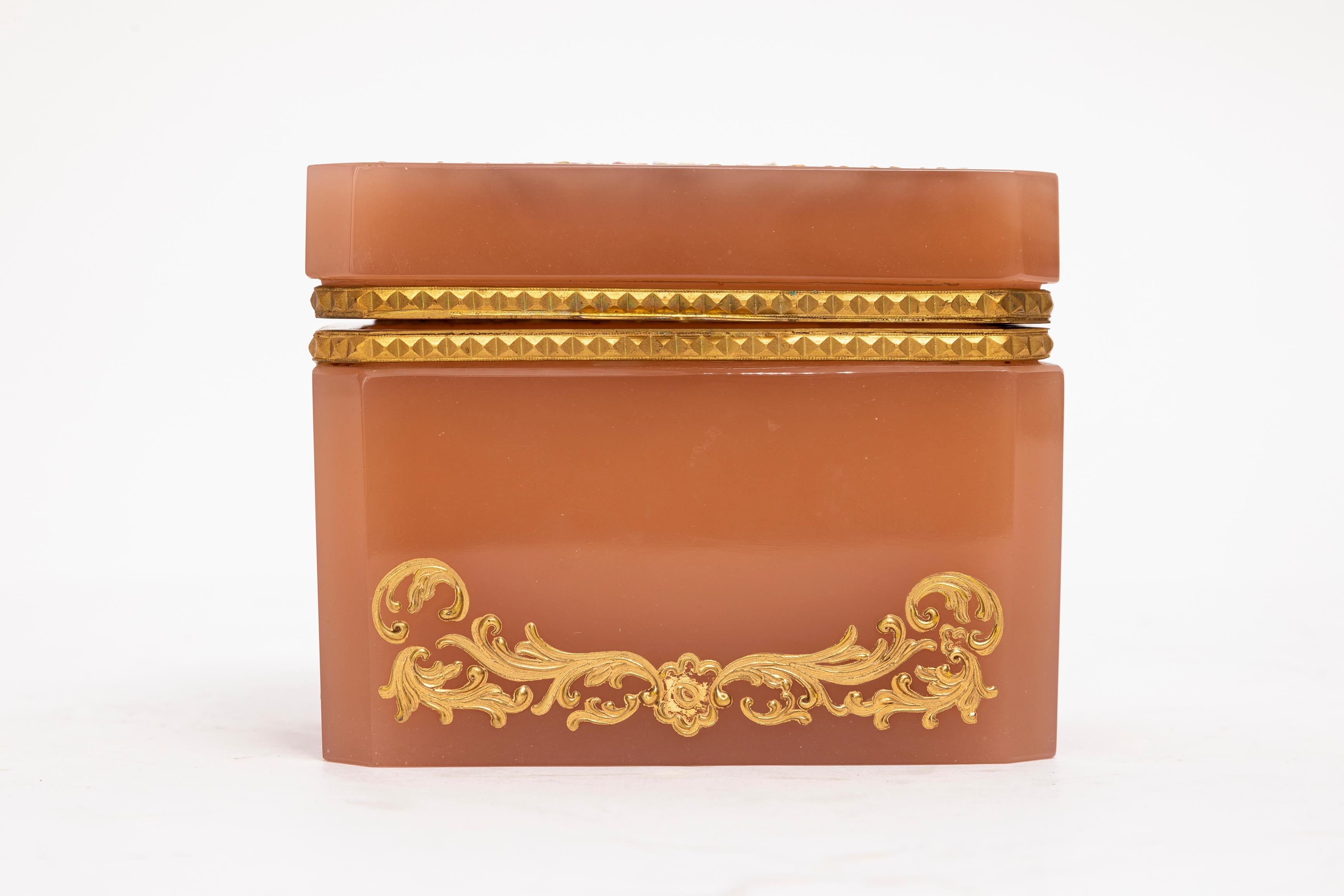 An Unusual Peach Opaline Dore Bronze Hinged Box by Moser w/ Raised Gold, Moser 1