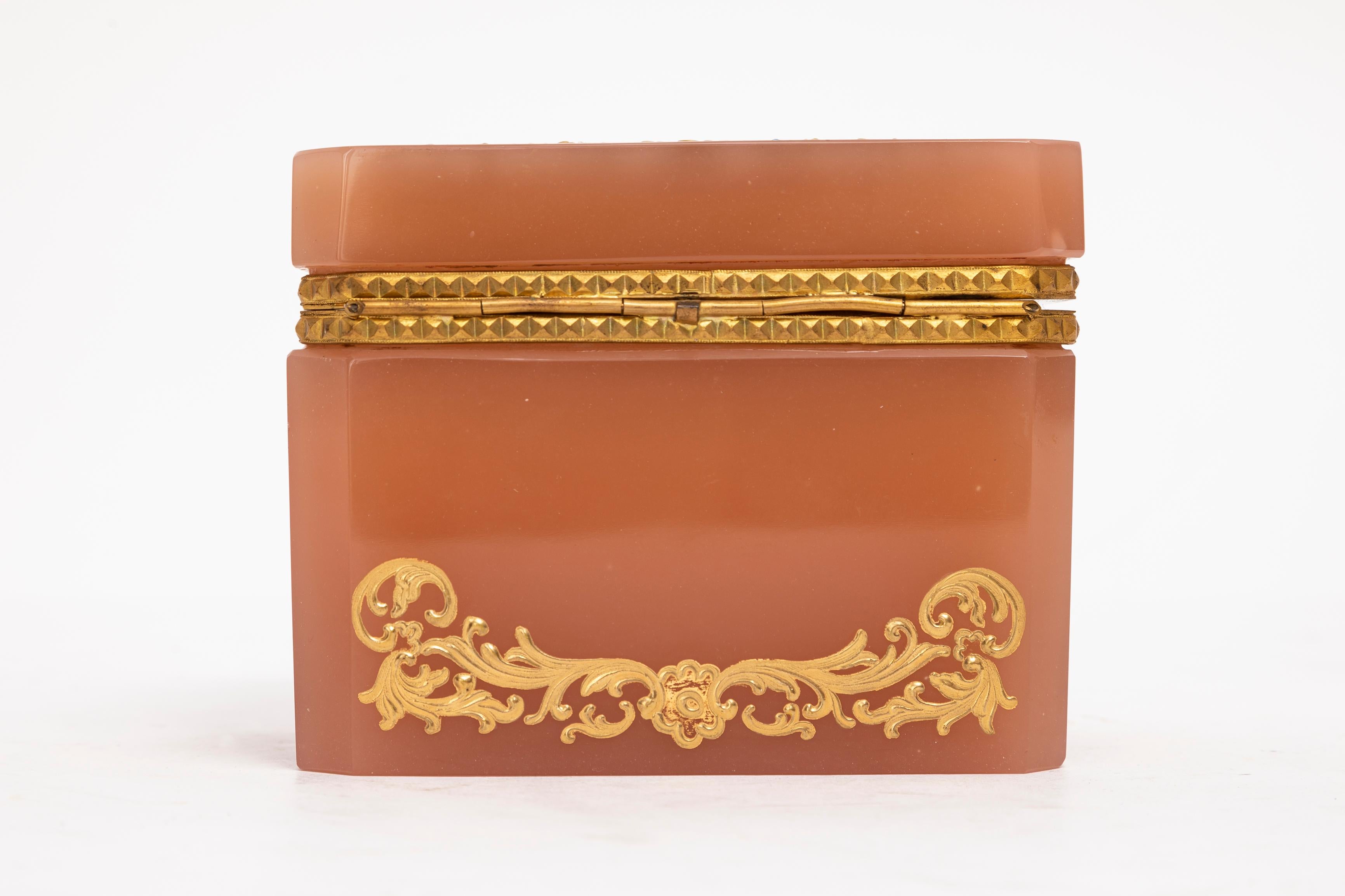 An Unusual Peach Opaline Dore Bronze Hinged Box by Moser w/ Raised Gold, Moser 2