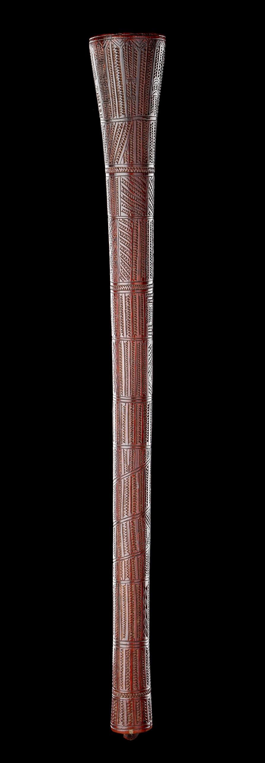 An Unusual Polynesian Fighting Club of Tapered ‘Pole’ Form 
Decorated all over with a geometric design and ‘glyph’ type motifs 
Dark glossy patina, excellent colour, retaining the original lug to the butt 
Wood
Tonga
Early 19th Century 

Size: