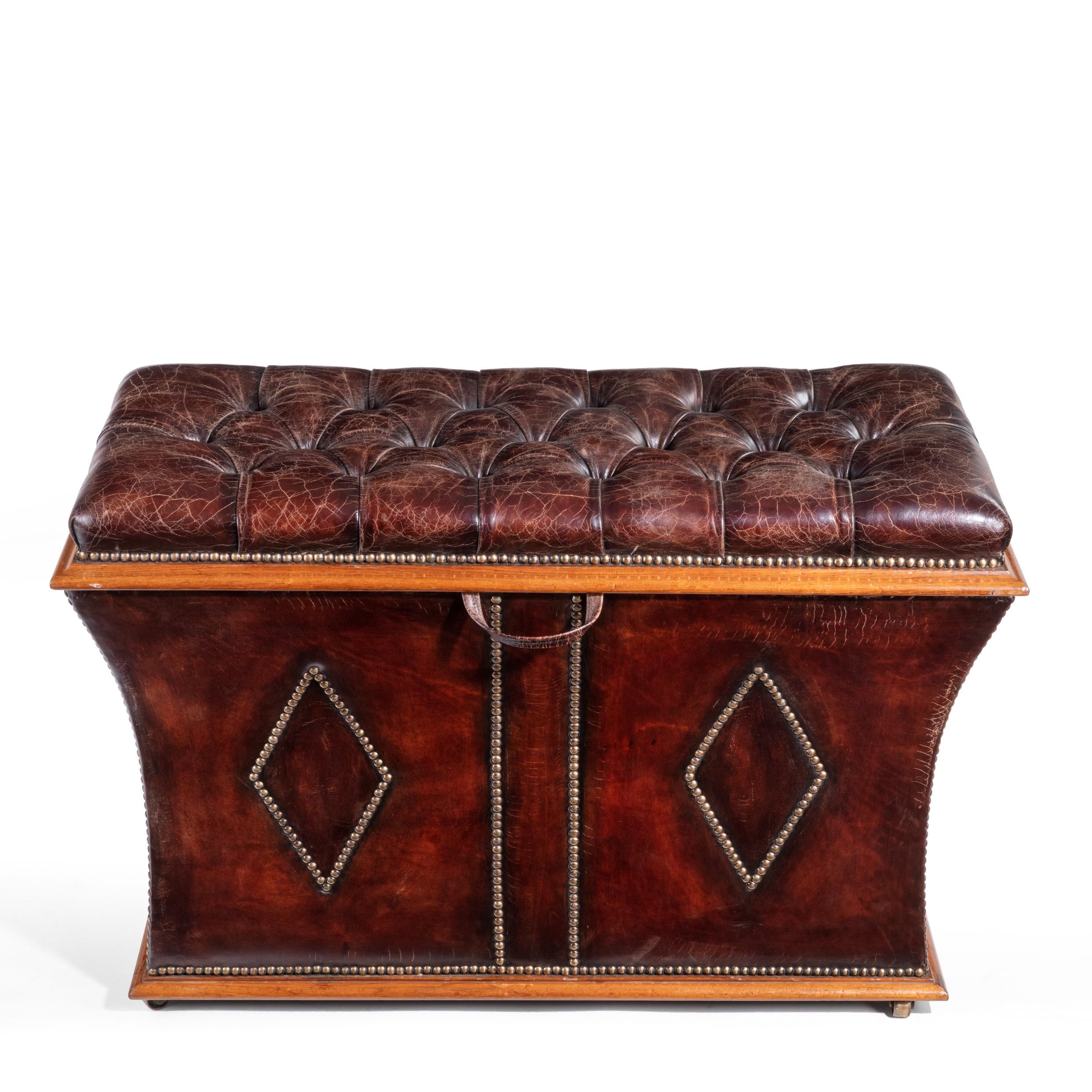 An unusual shaped William llll rosewood framed box ottoman with deep buttoned rising seat.
Recovered in distressed burgundy leather. English, circa 1835.

Measures: H 24

W 37

D 17 1/2

£2250.